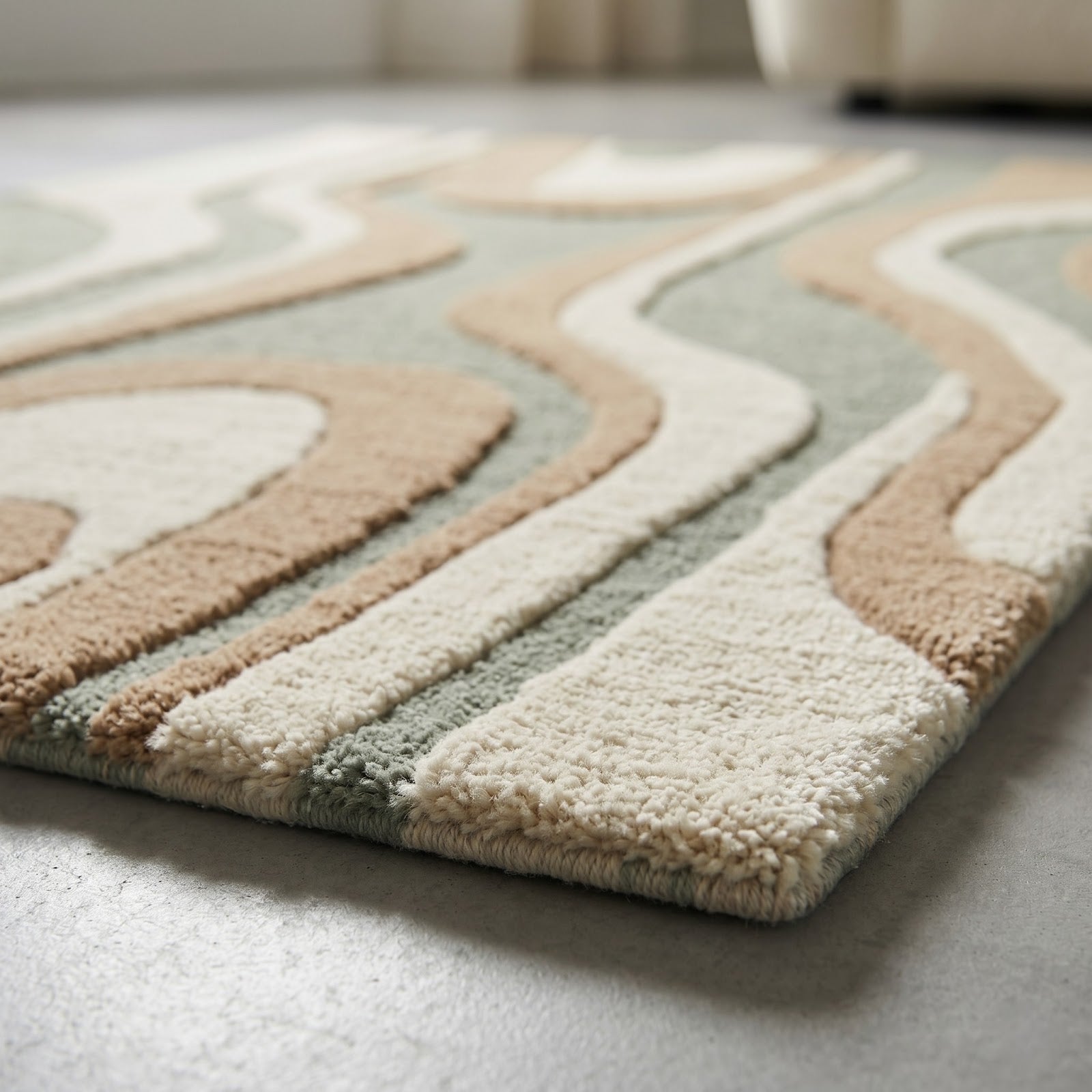 Organic Wave Hand Tufted Wool Rug | Sage Green, Beige & Ivory Abstract Contemporary Area Rug — 2x3 ft'