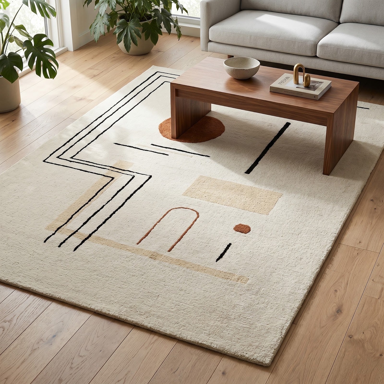 Modern Abstract Hand Tufted Wool Rug | Minimalist Geometric Ivory & Terracotta Contemporary Area Rug — 2x3 ft'
