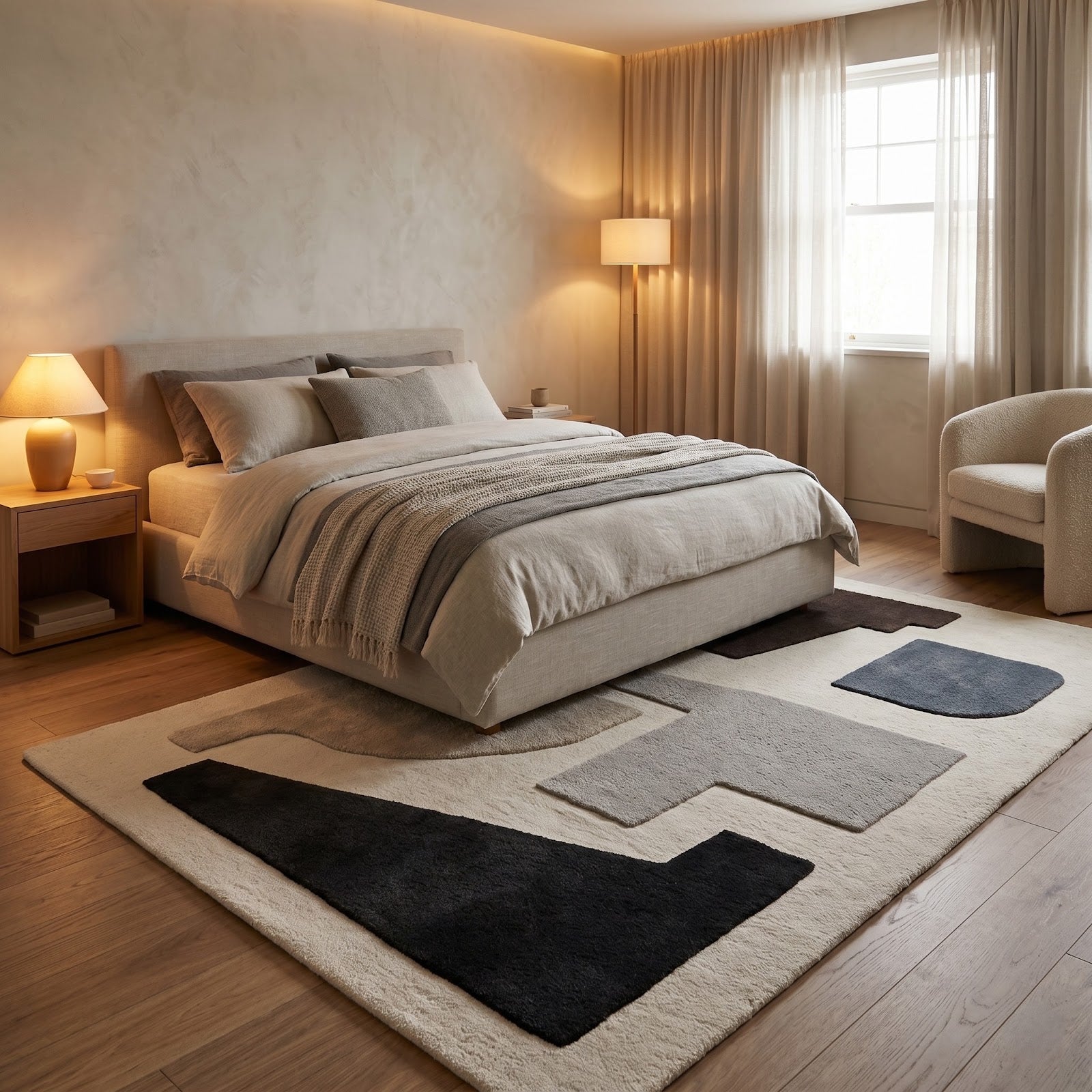 Modern Bauhaus Hand Tufted Wool Rug | Ivory, Charcoal & Taupe Geometric Abstract Area Rug — 2x3 ft'