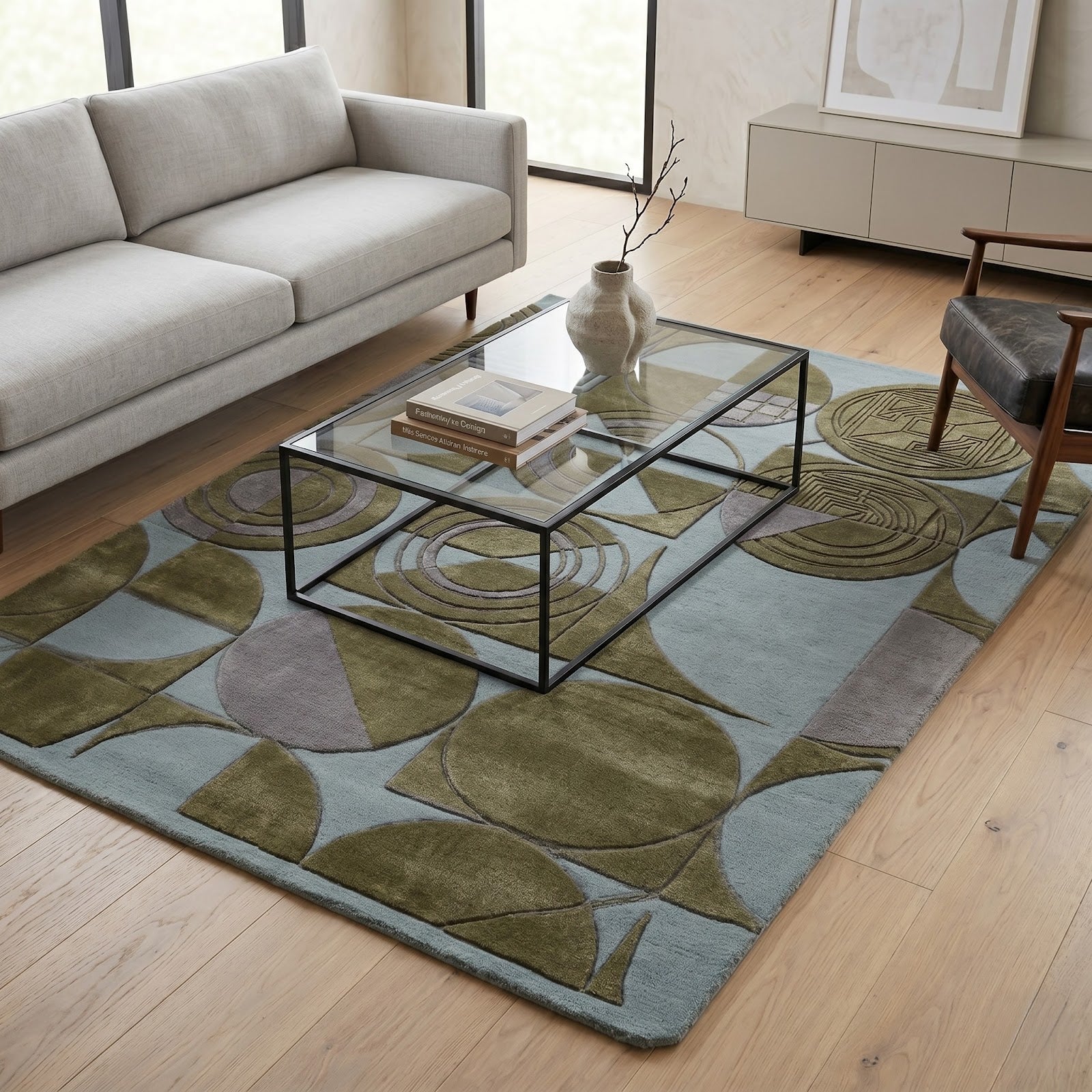 Modern Geometric Circles Hand Tufted Wool Rug | Sage Green & Mist Blue Abstract Area Rug — 2x3 ft'