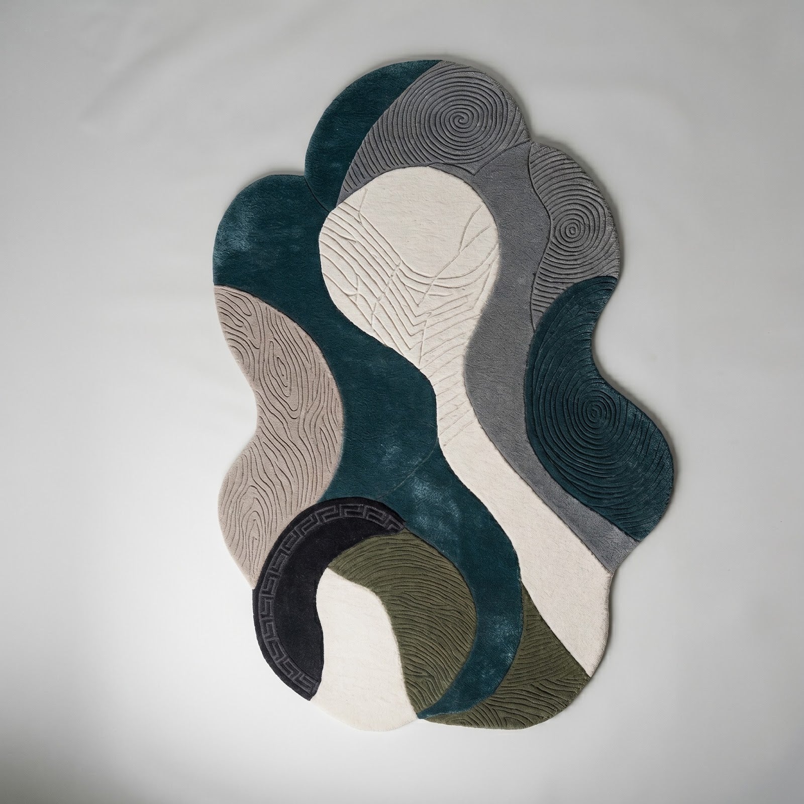 Irregular Abstract Hand Tufted Wool Rug | Organic Sculptural Area Rug in Teal, Grey & Ivory — 2x3 ft'