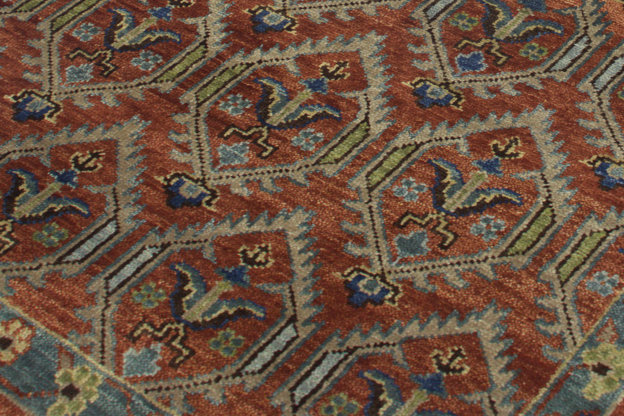 Tribal Geometric Hand Knotted New Zealand Wool Rug | Rust & Blue Diamond Pattern Area Rug — 2x3 ft'