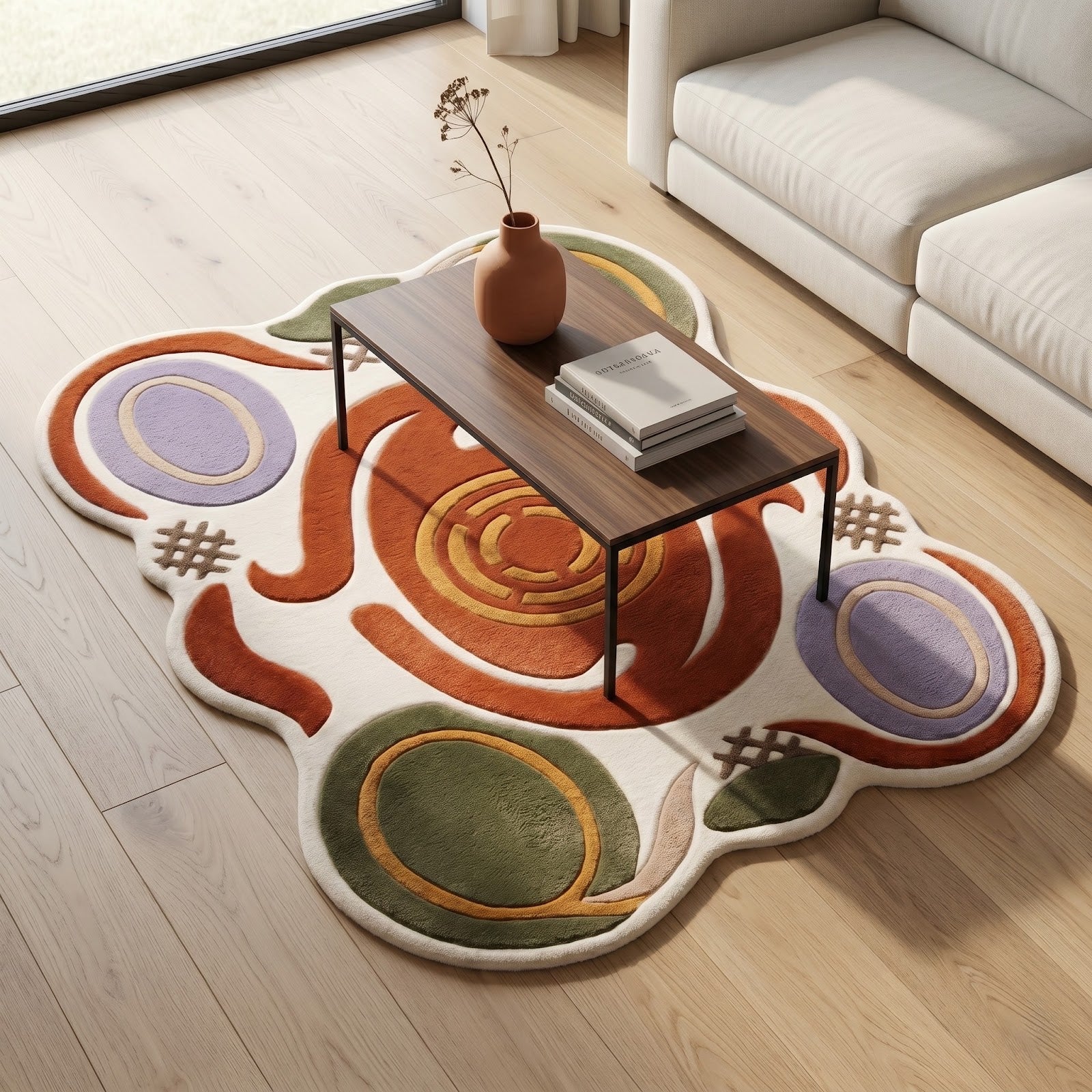 Abstract Hand Tufted Wool Rug | Terracotta Green Irregular Area Rug — 2x3 ft'