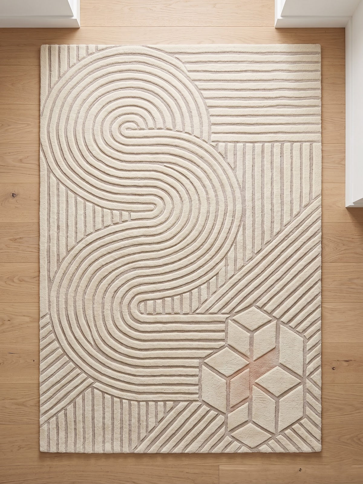 Modern Geometric Hand Tufted Wool Rug | Ivory Minimalist Abstract Line Art Area Rug — 2x3 ft'