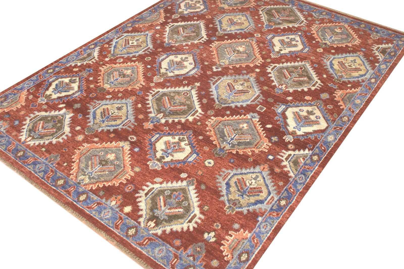 Traditional Tribal Hand Knotted New Zealand Wool Rug | Rust & Blue Geometric Diamond Area Rug — 2x3 ft'