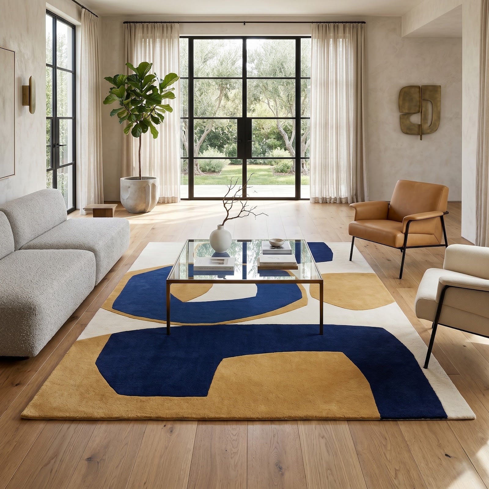 Modern Color Block Hand Tufted Wool Rug | Navy Blue, Mustard Gold & Ivory Abstract Area Rug — 2x3 ft'