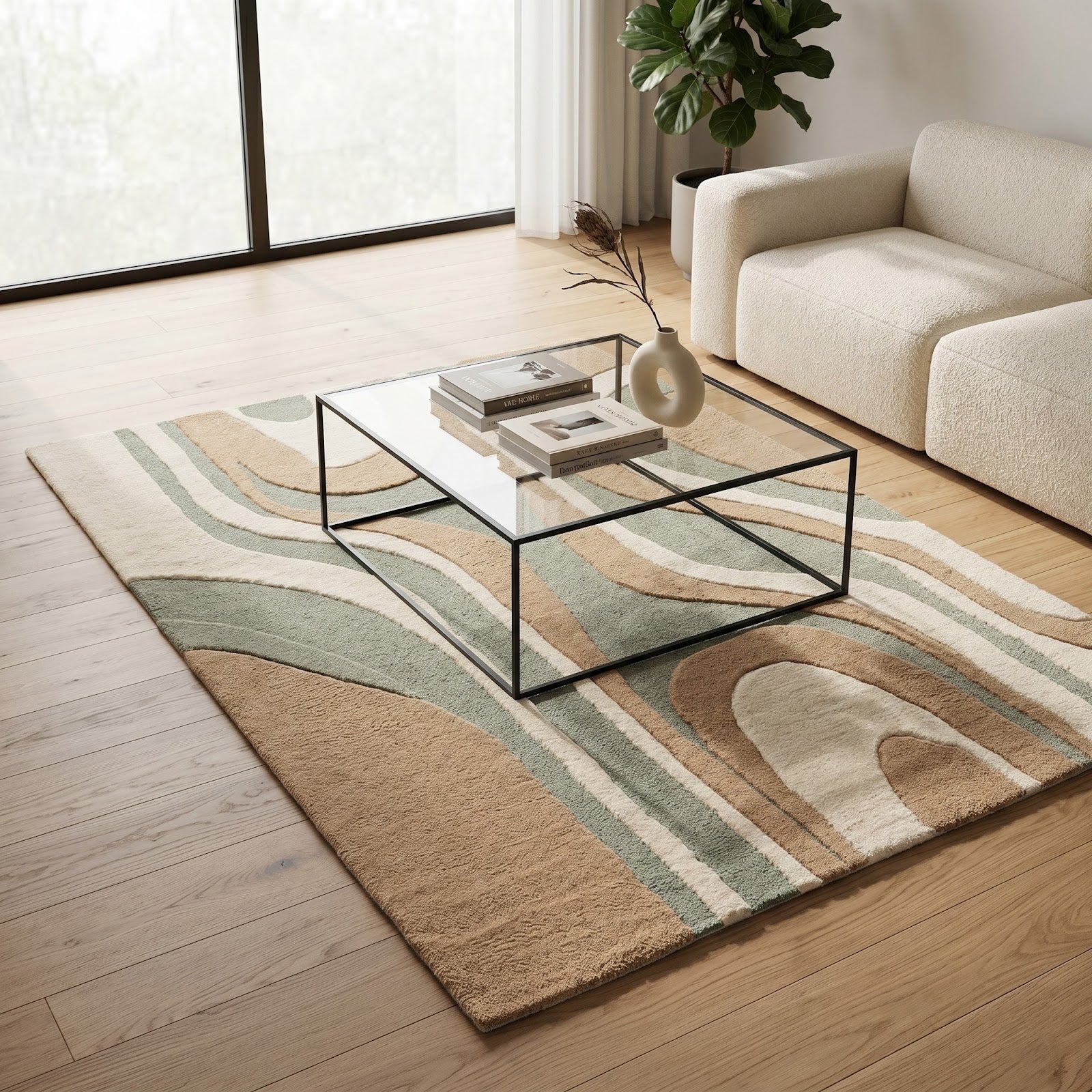 Organic Wave Hand Tufted Wool Rug | Sage Green, Beige & Ivory Abstract Contemporary Area Rug — 2x3 ft'
