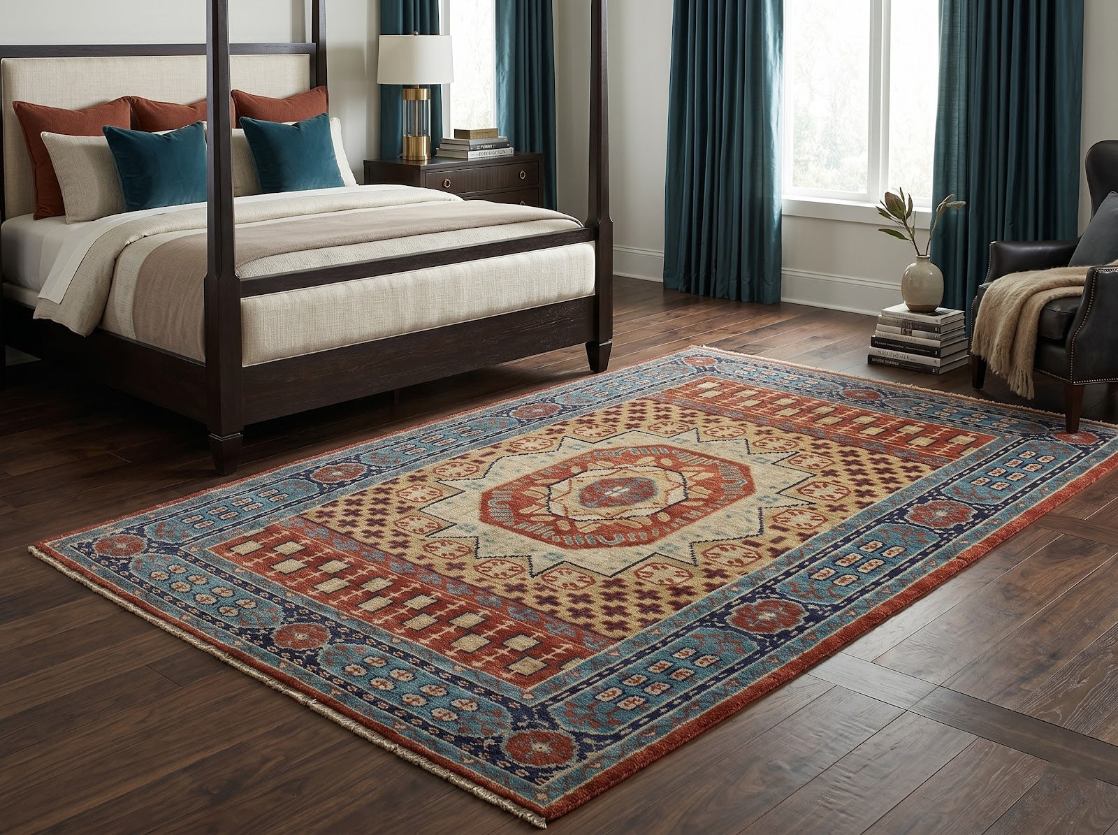 Traditional Kazak Hand Knotted New Zealand Wool Rug | Blue & Rust Geometric Medallion Area Rug — 2x3 ft'