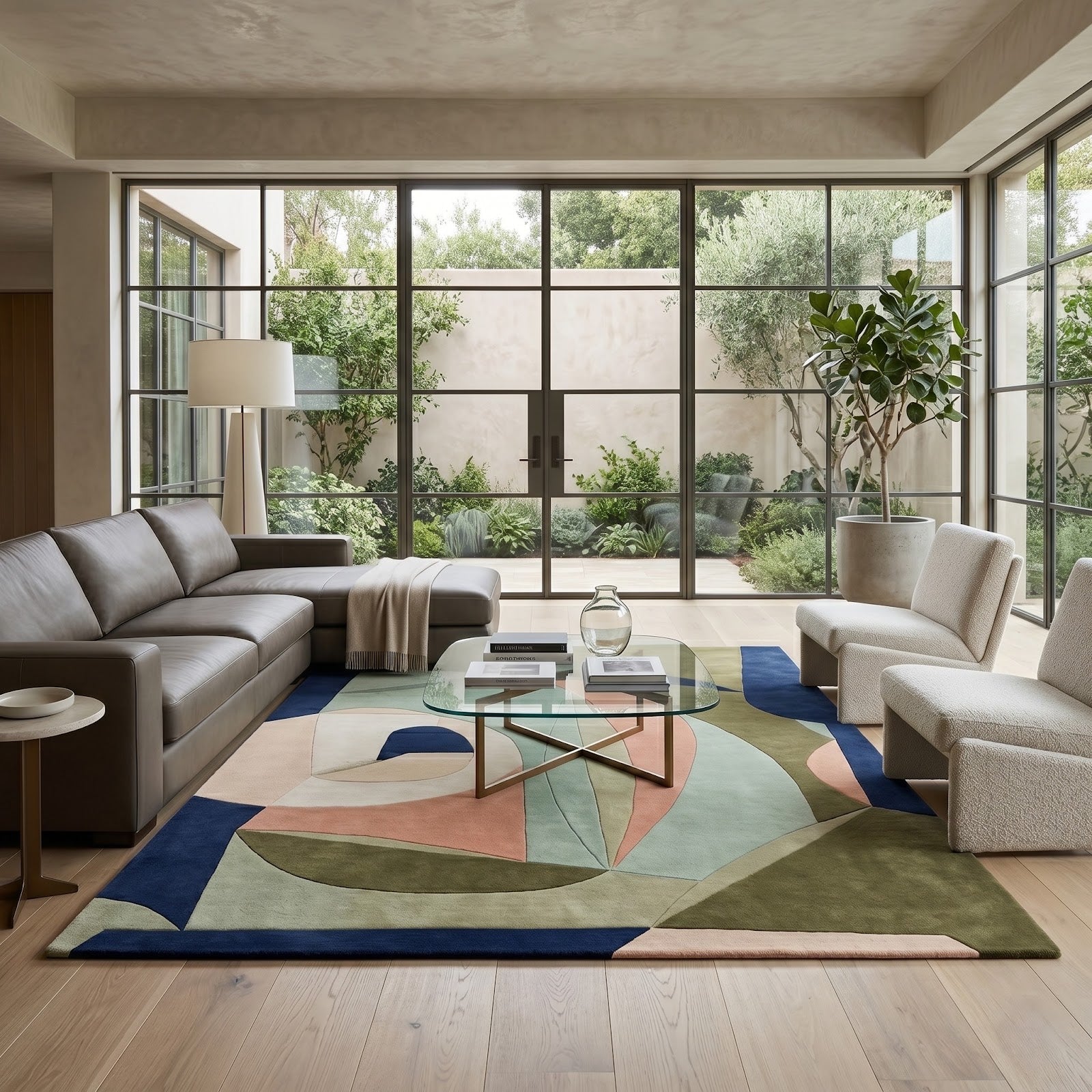Modern Abstract Cubist Hand Tufted Wool Rug | Sage Green, Olive & Navy Geometric Art Area Rug — 2x3 ft'