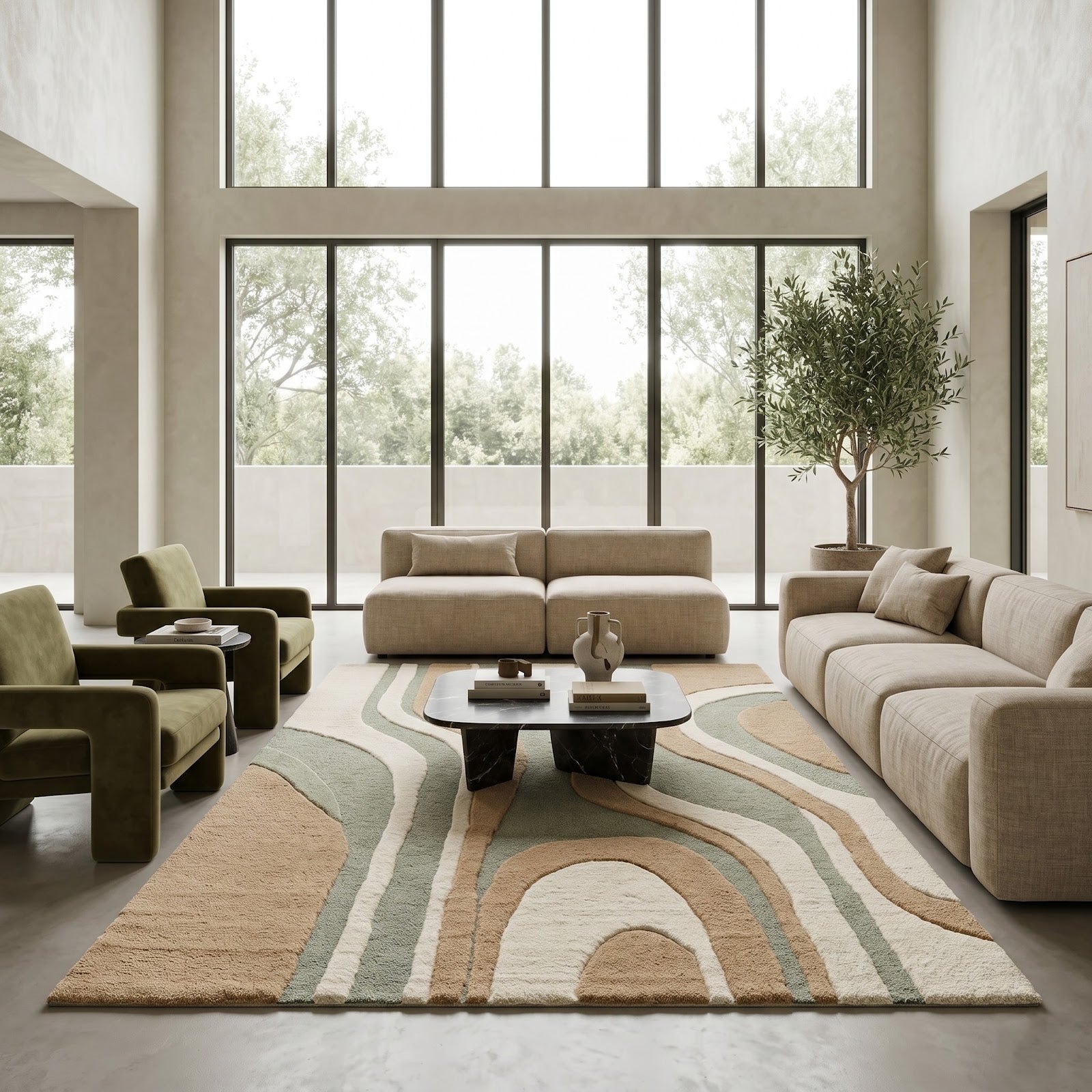 Organic Wave Hand Tufted Wool Rug | Sage Green, Beige & Ivory Abstract Contemporary Area Rug — 2x3 ft'