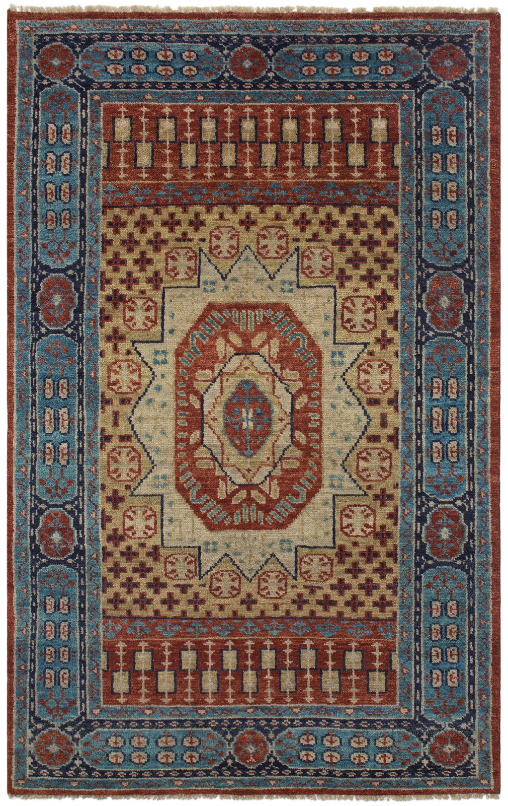 Traditional Kazak Hand Knotted New Zealand Wool Rug | Blue & Rust Geometric Medallion Area Rug — 2x3 ft'