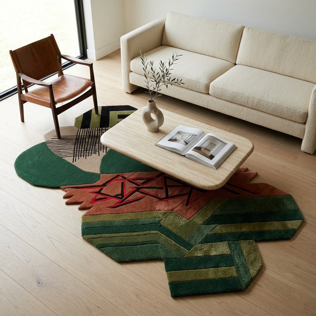 Abstract Geometric Hand Tufted Wool & Viscose Rug | Green Terracotta Modern Artistic Irregular Shape Area Rug — 2x3 ft'