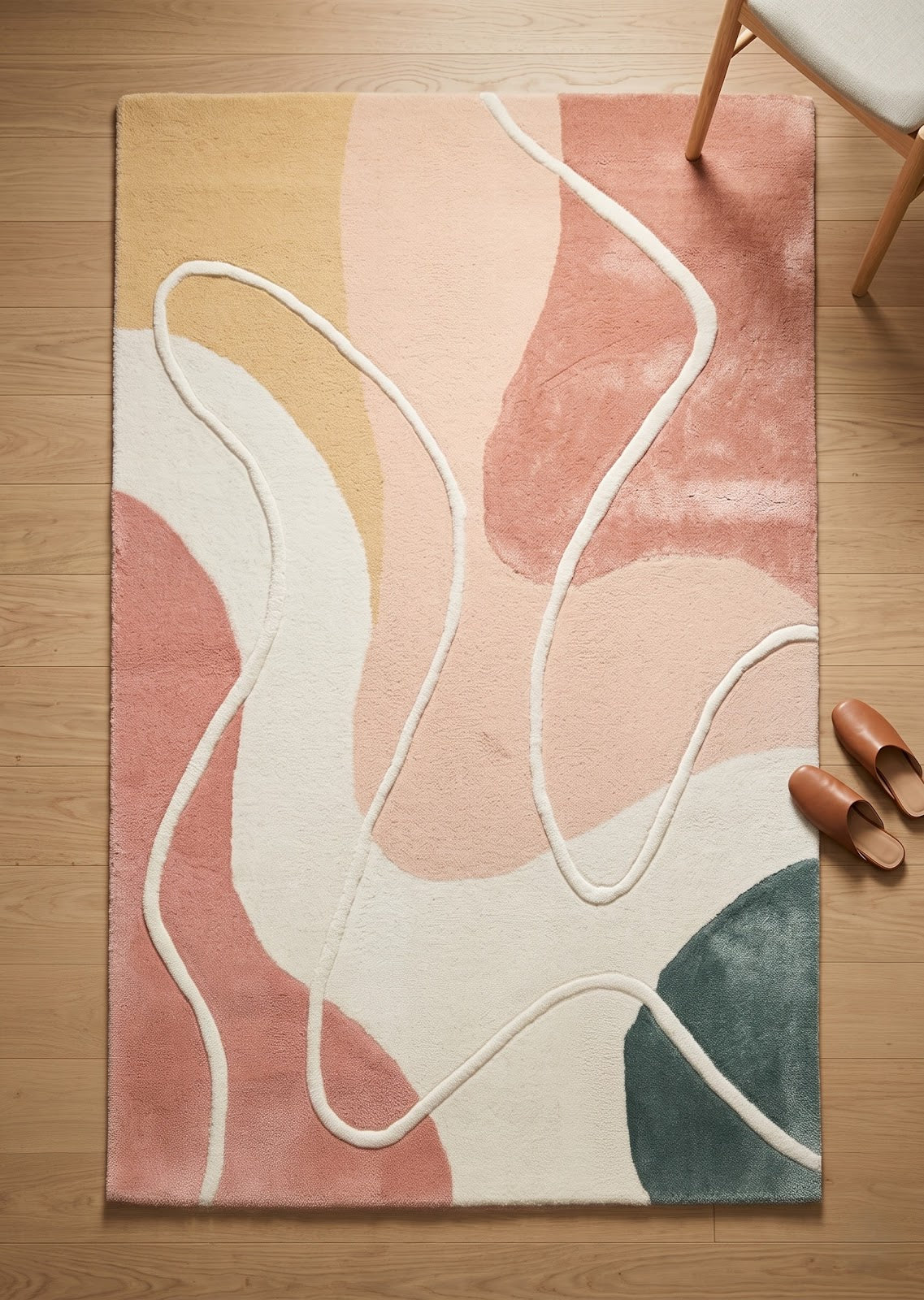 Modern Abstract Hand Tufted Wool Rug | Blush Pink Organic Line Art Area Rug — 2x3 ft'