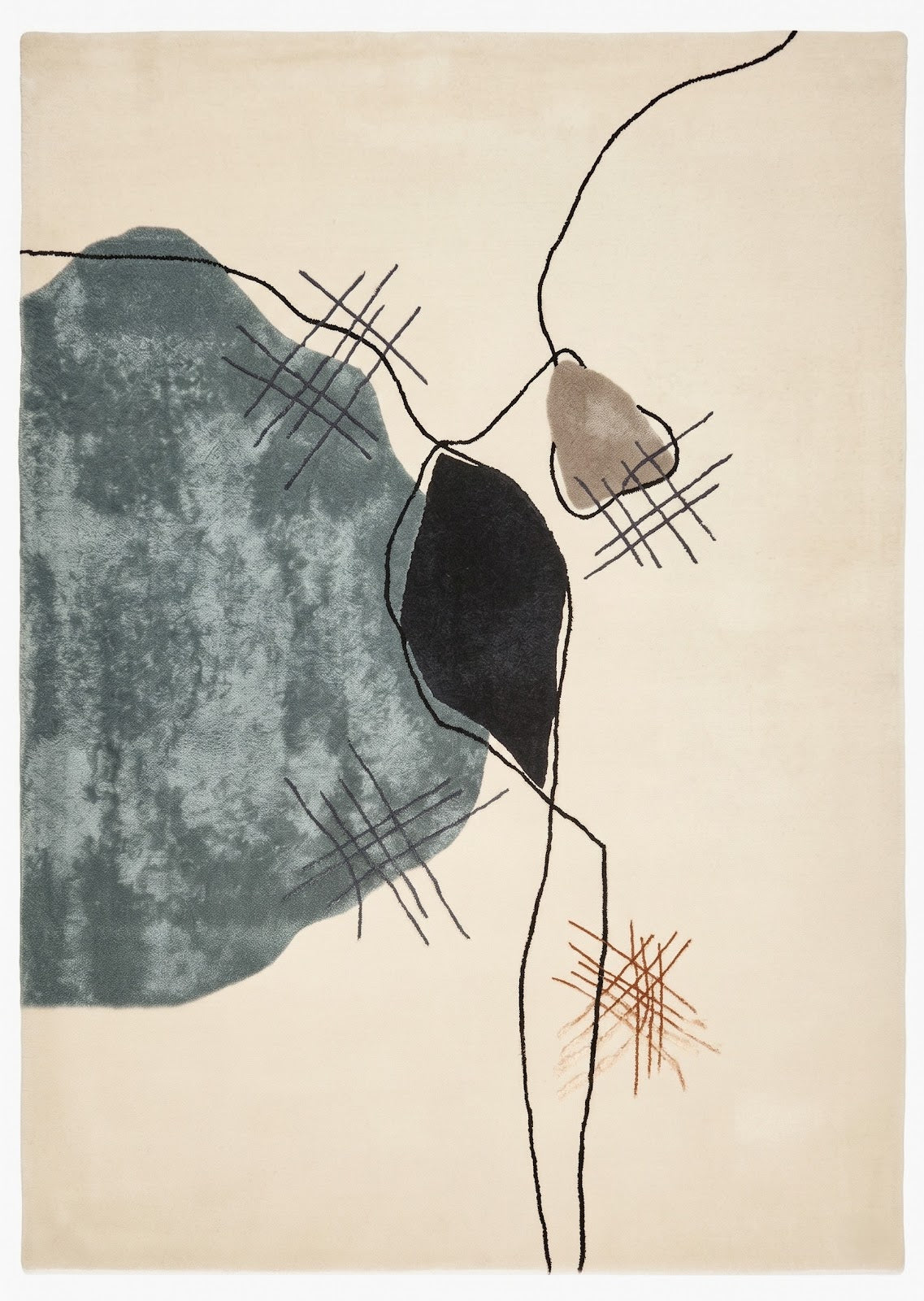 Gestural Abstract Wool & Viscose Rug | Ivory, Mist Blue & Charcoal Contemporary Art Area Rug — 2x3 ft'
