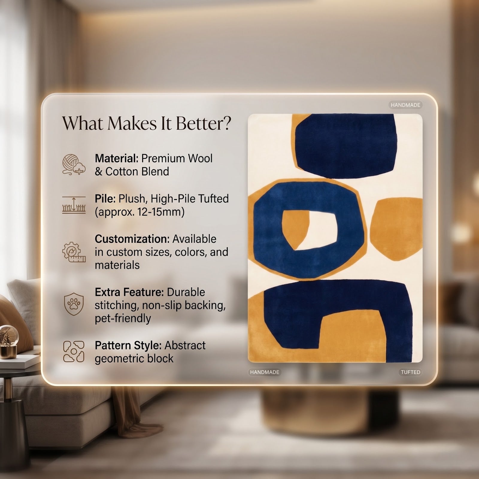 Modern Color Block Hand Tufted Wool Rug | Navy Blue, Mustard Gold & Ivory Abstract Area Rug — 2x3 ft'