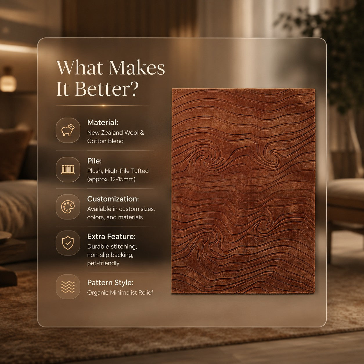 Organic Woodgrain Wave Hand Tufted Wool Rug | Terracotta Brown Sculpted Abstract Area Rug — 2x3 ft'
