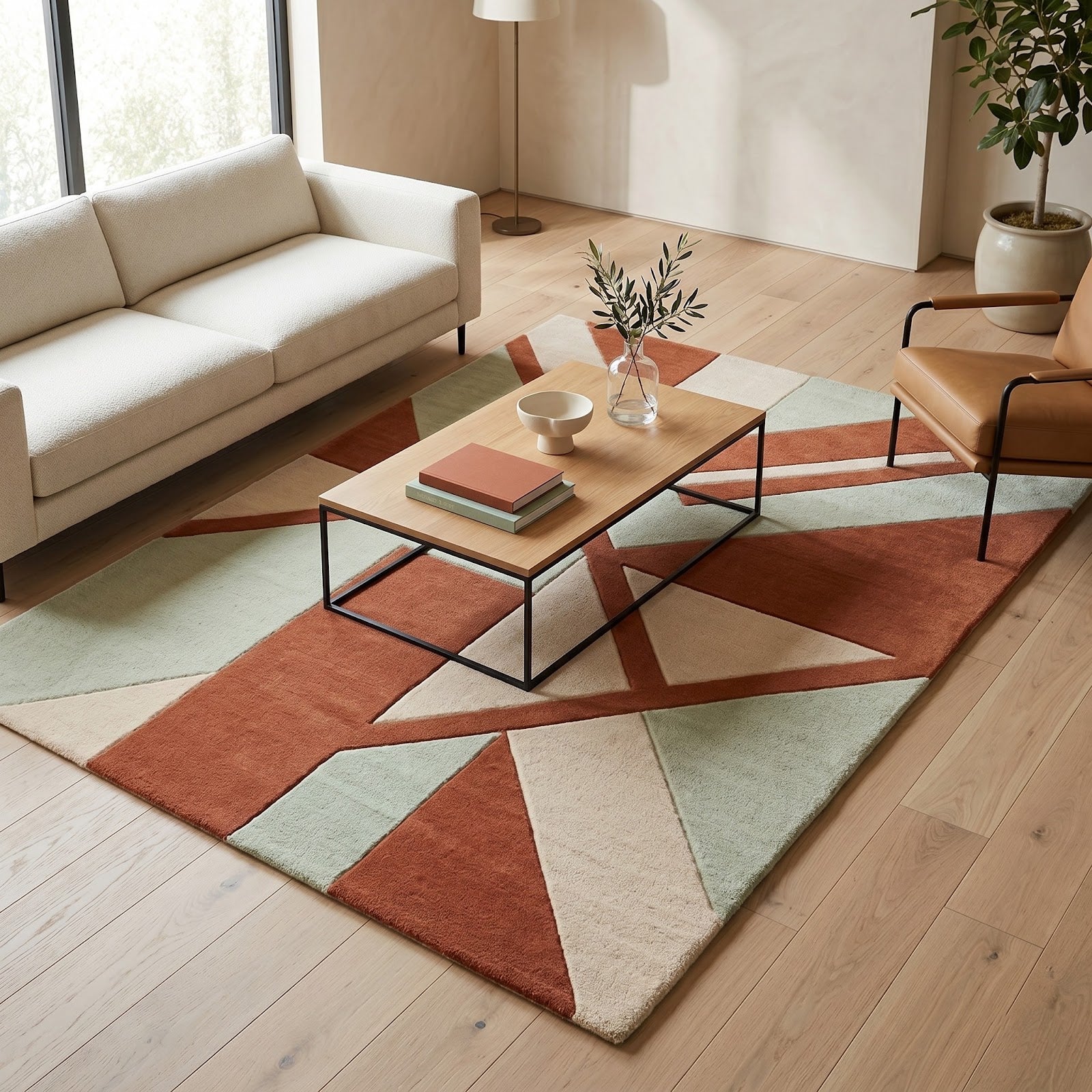Modern Geometric Hand Tufted Wool Rug | Terracotta, Sage Green & Ivory Contemporary Area Rug — 2x3 ft'