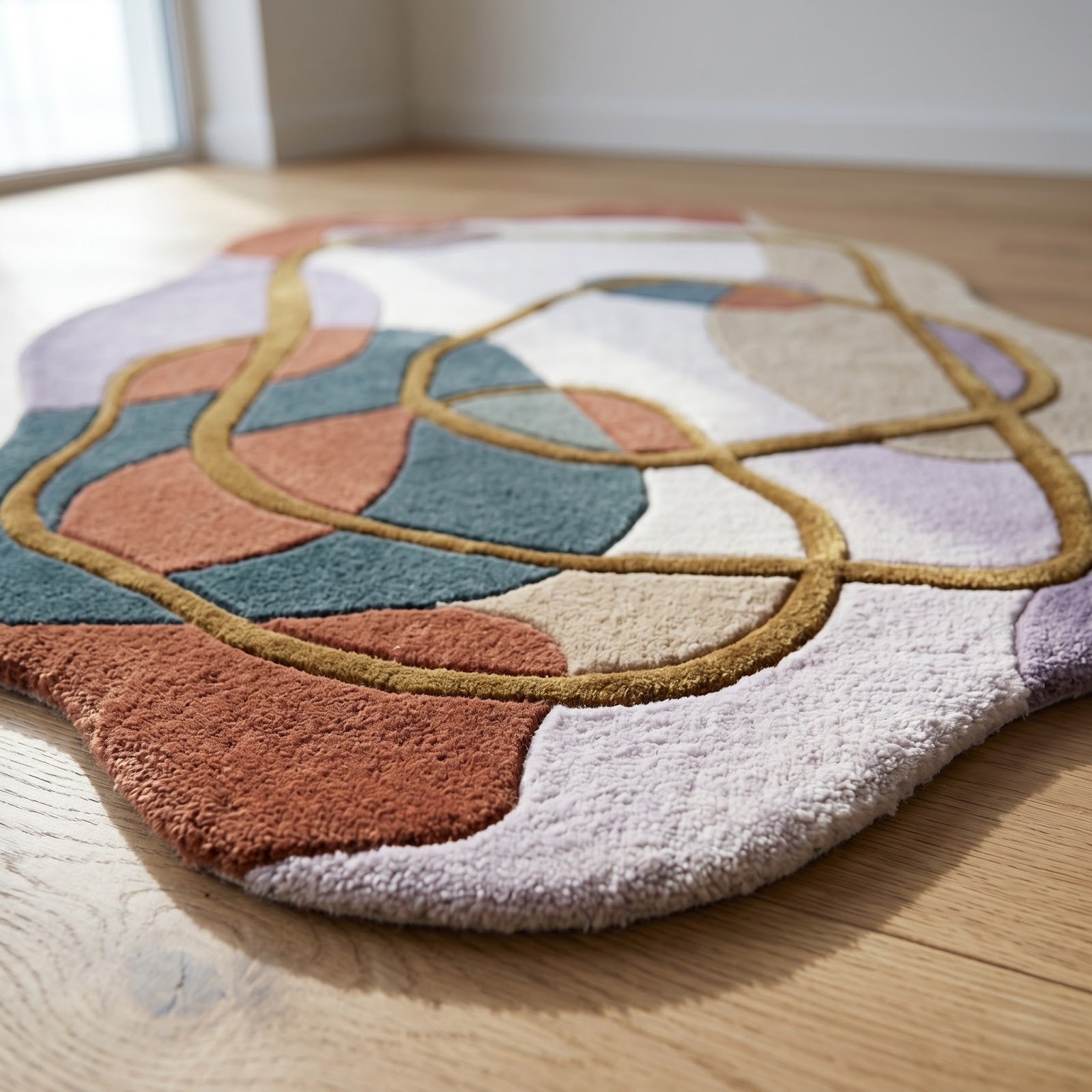 Irregular Abstract Hand Tufted Wool Rug | Modern Organic Shape Area Rug with Gold Line Art — 2x3 ft'
