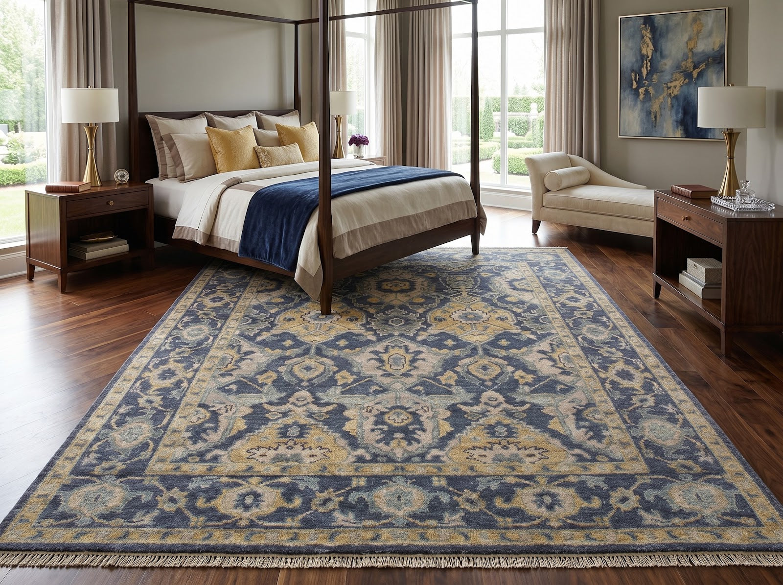 Vintage Persian Hand Knotted New Zealand Wool Rug | Navy Blue & Beige Floral Area Rug — 2x3 ft'