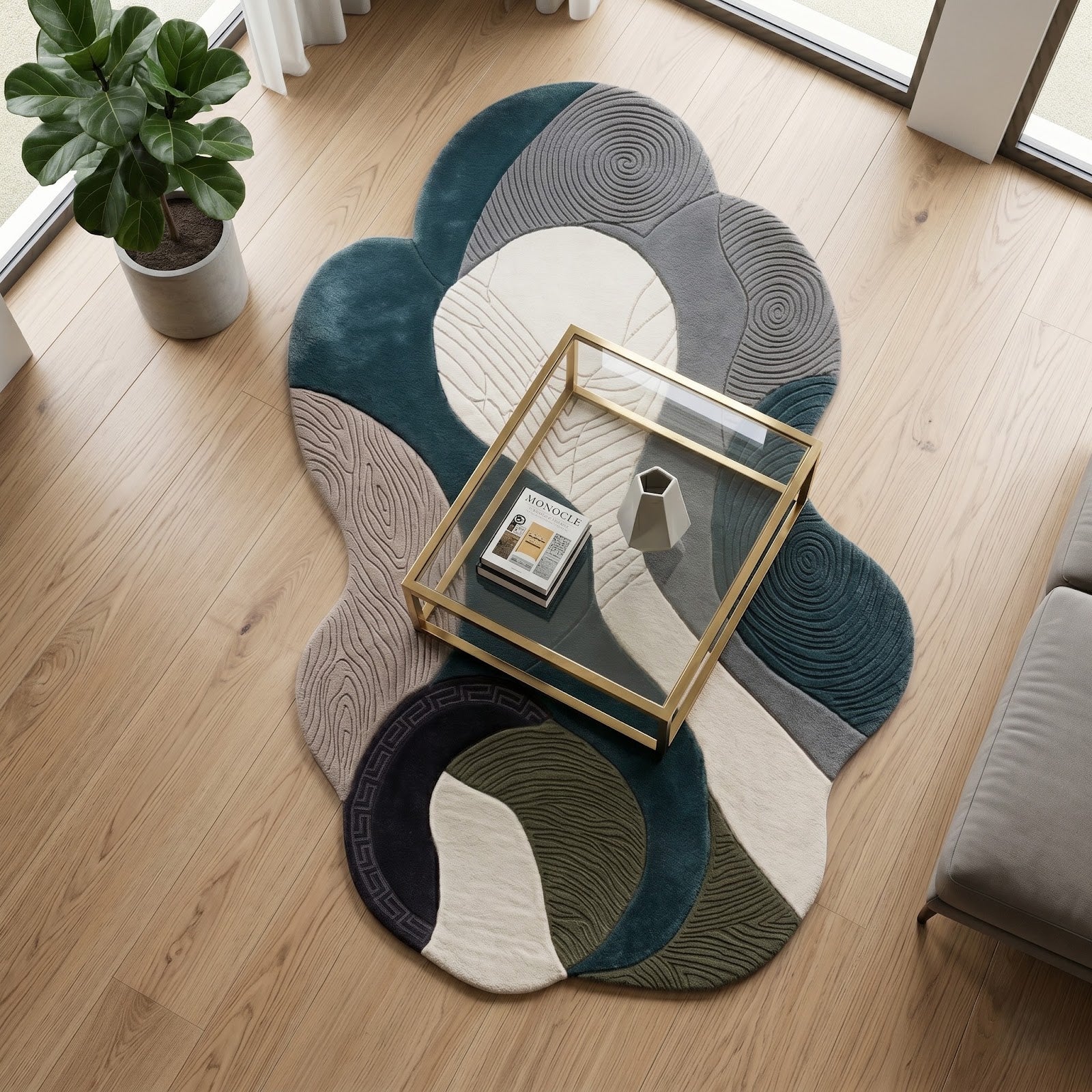 Irregular Abstract Hand Tufted Wool Rug | Organic Sculptural Area Rug in Teal, Grey & Ivory — 2x3 ft'
