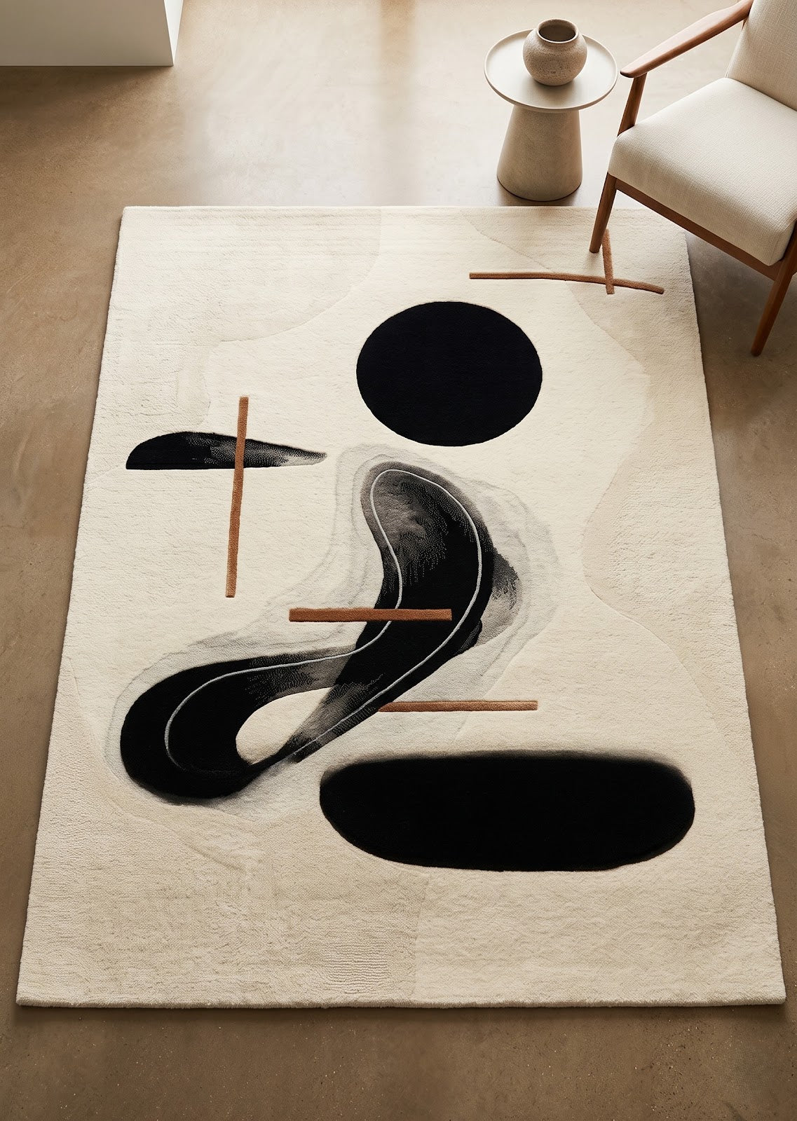 Minimalist Abstract Hand Tufted Wool Rug | Modern Black & Ivory Contemporary Art Area Rug — 2x3 ft'