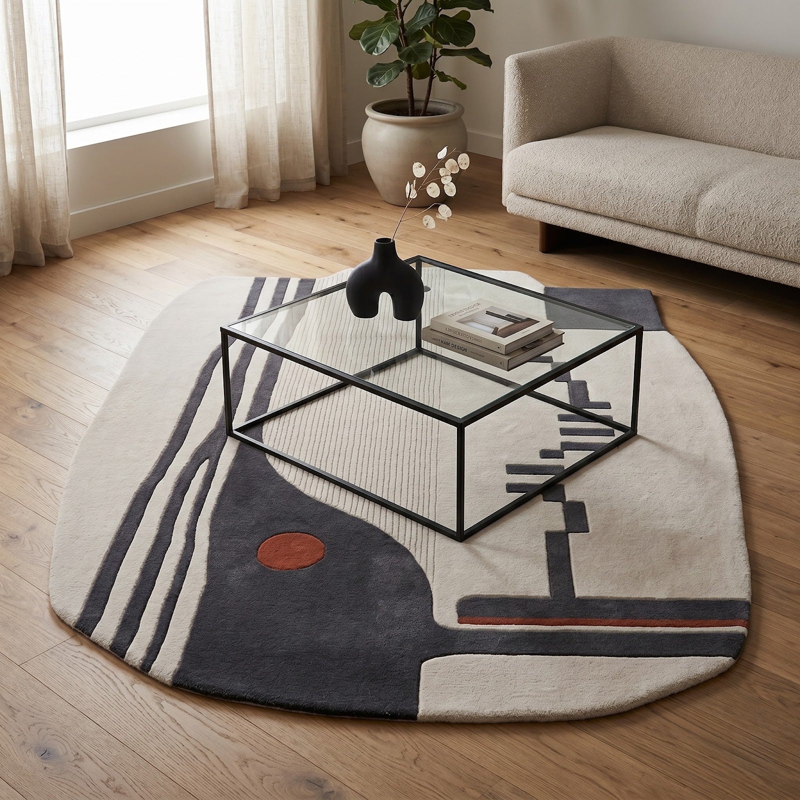 Architectural Abstract Hand Tufted Wool Rug | Ivory, Charcoal & Rust Modern Irregular Area Rug — 2x3 ft'