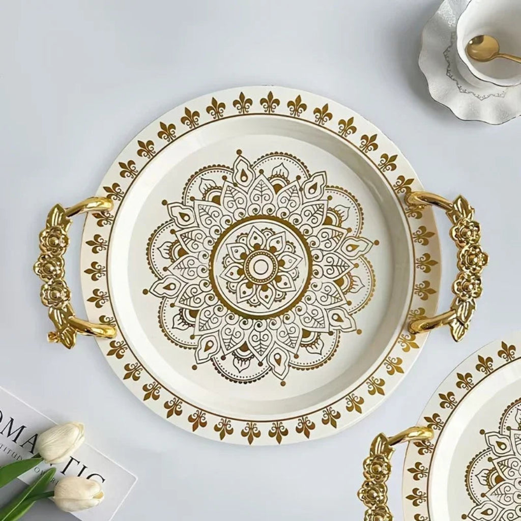Round Golden Embossed White and Black Serving Tray with Rose Handles