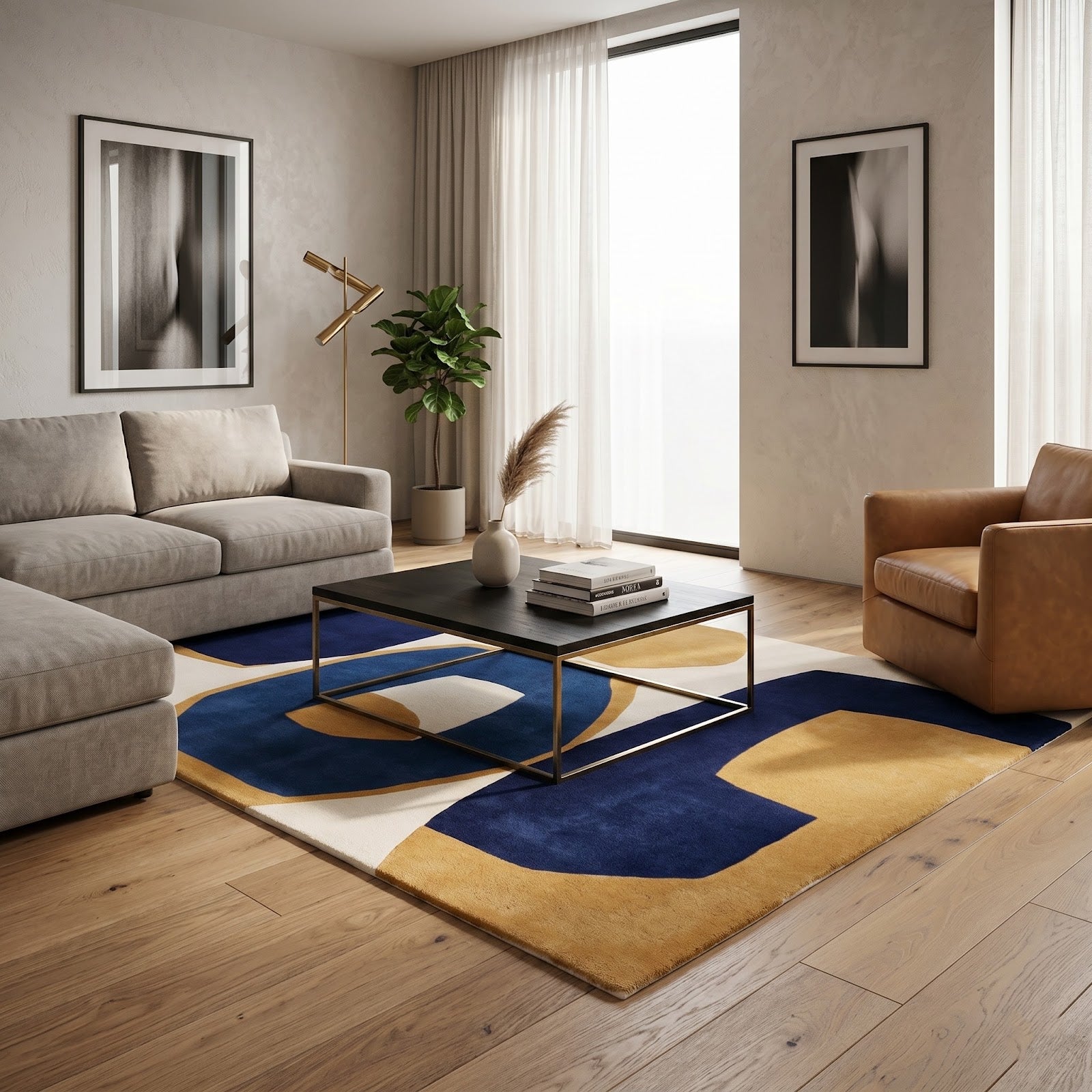 Modern Color Block Hand Tufted Wool Rug | Navy Blue, Mustard Gold & Ivory Abstract Area Rug — 2x3 ft'
