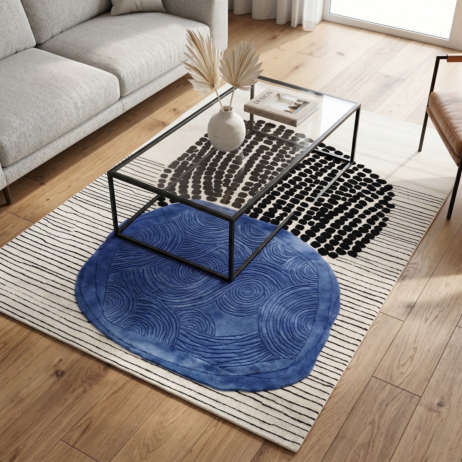 Abstract Modern Hand Tufted Wool & Viscose Rug | Ivory, Cobalt Blue & Black Artistic Statement Area Rug — 2x3 ft'