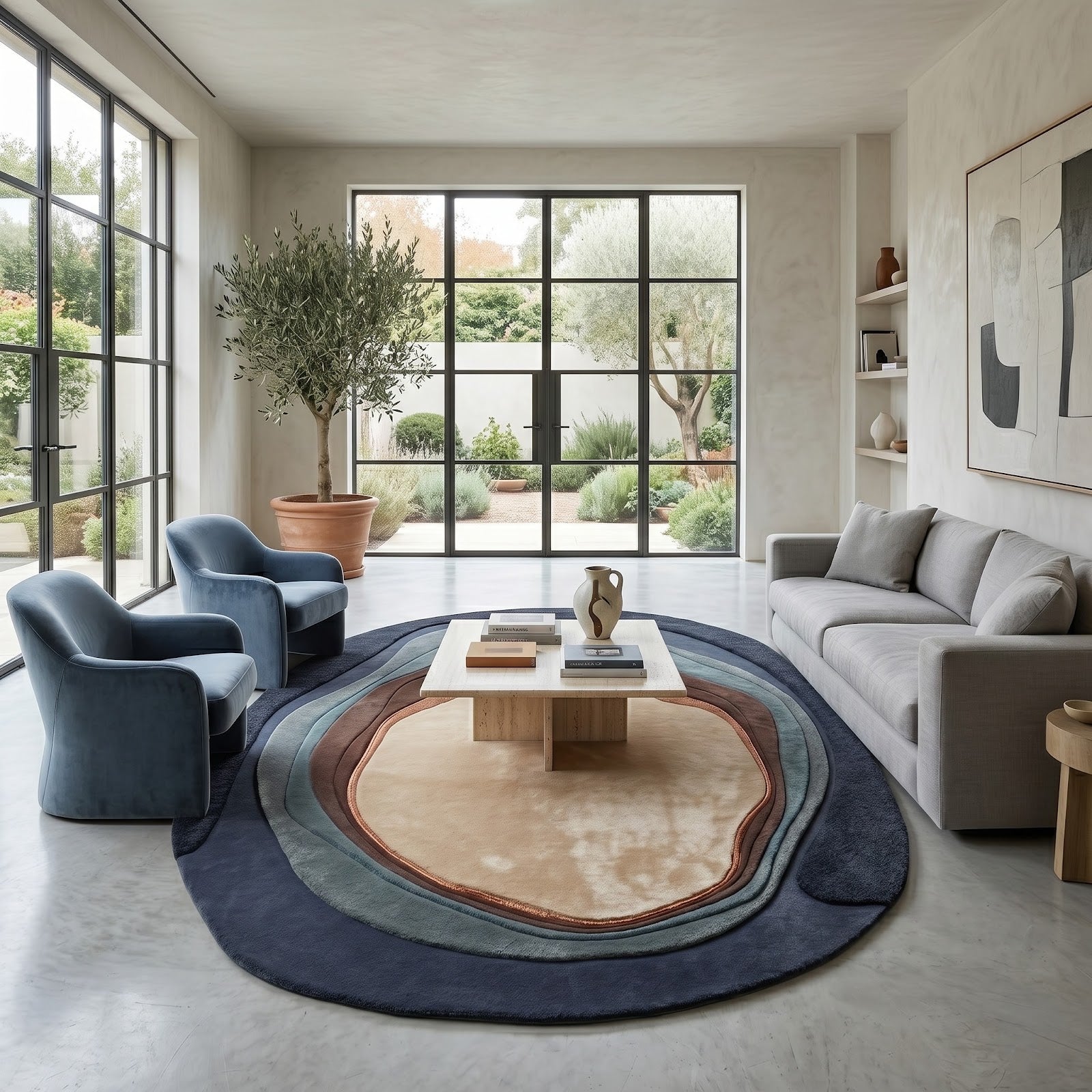 Organic Layered Pebble Hand Tufted Wool Rug | Navy Blue & Earth Tone Sculptural Area Rug — 2x3 ft'