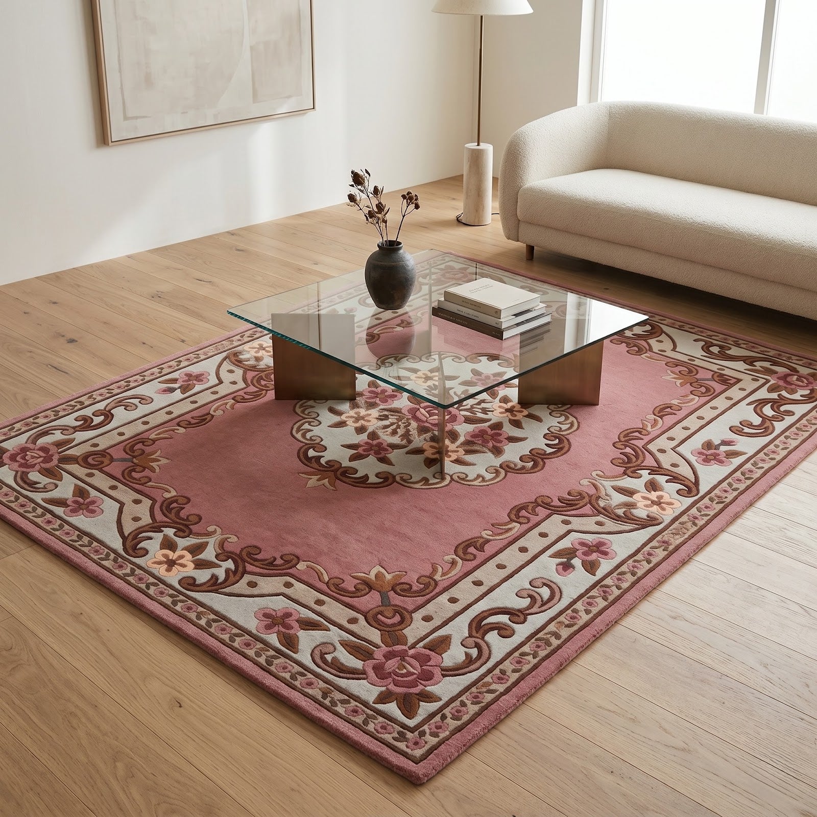 Vintage Floral Hand Tufted Wool Rug | Pink Rose Medallion Area Rug — 2x3 ft'