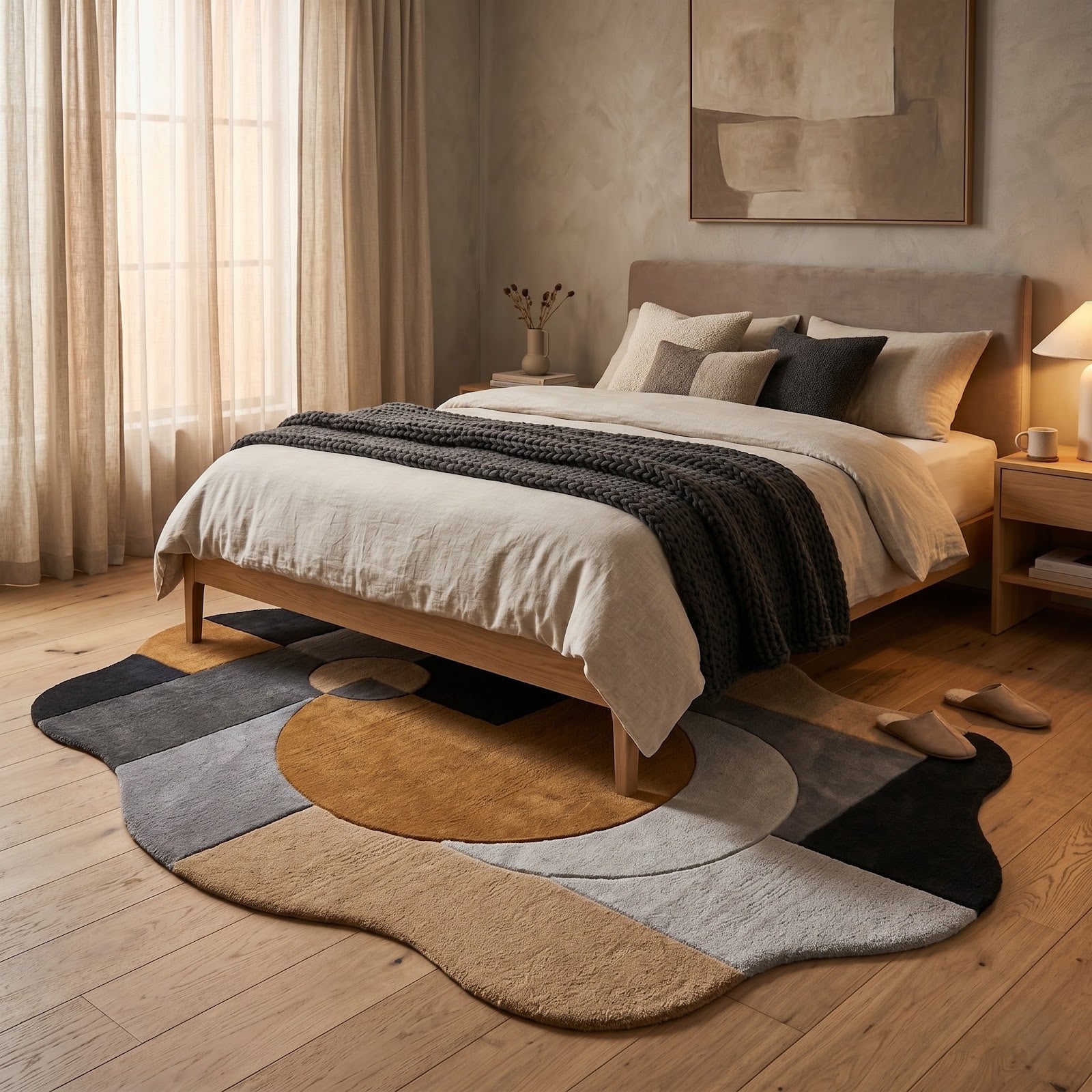 Irregular Geometric Hand Tufted Wool Rug | Modern Abstract Area Rug in Camel, Black, Grey & Ivory — 2x3 ft'