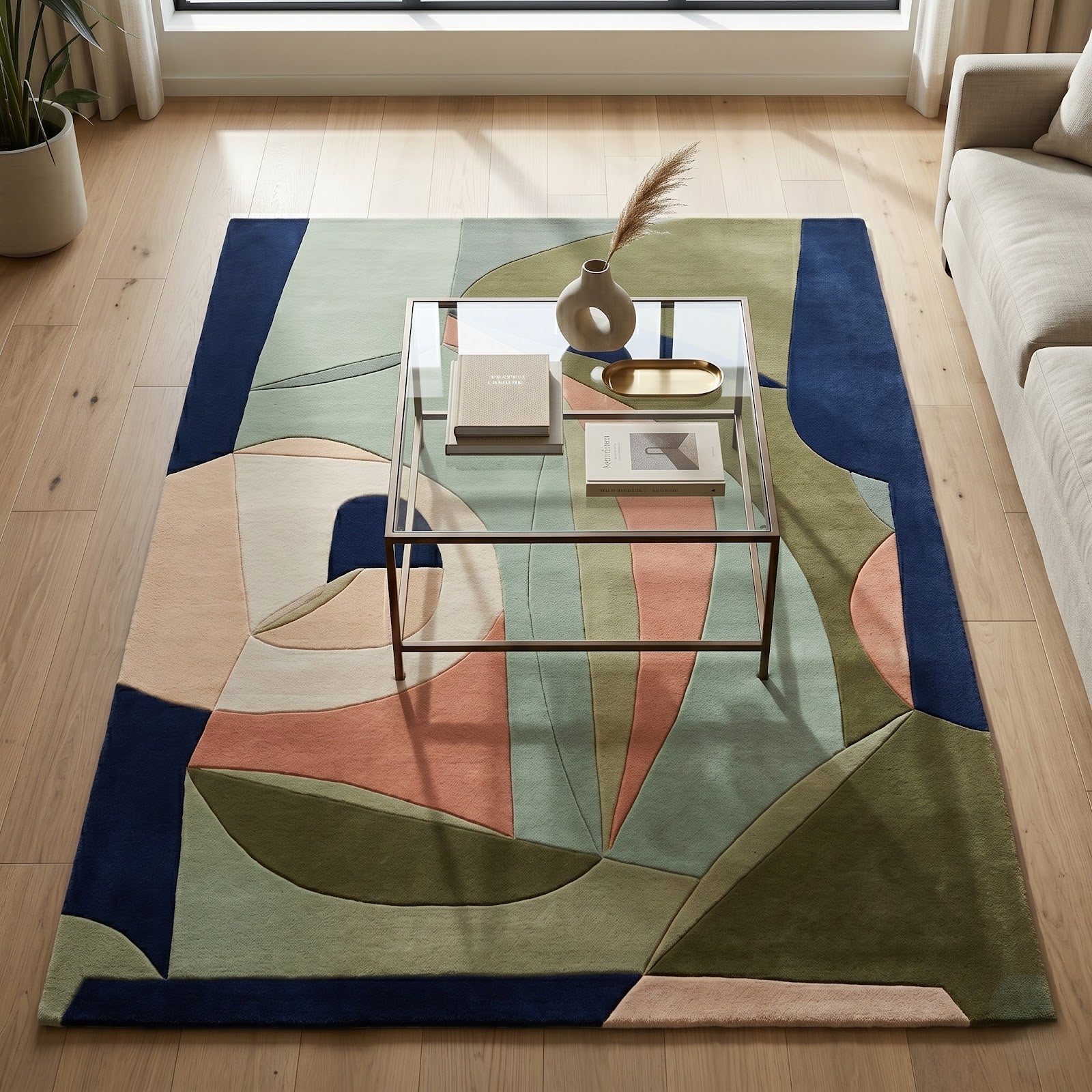 Modern Abstract Cubist Hand Tufted Wool Rug | Sage Green, Olive & Navy Geometric Art Area Rug — 2x3 ft'