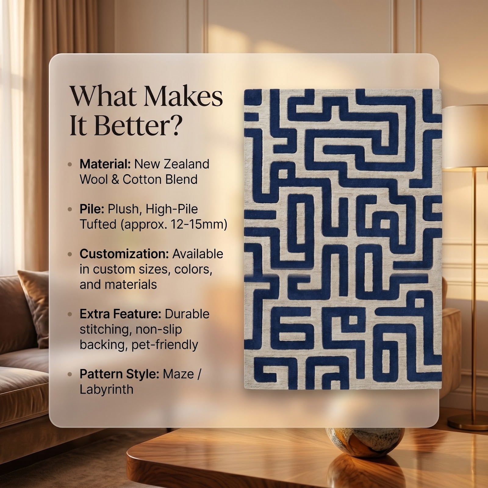 Maze Pattern Hand Tufted Wool Rug | Cobalt Blue & Ivory Geometric Labyrinth Area Rug — 2x3 ft'
