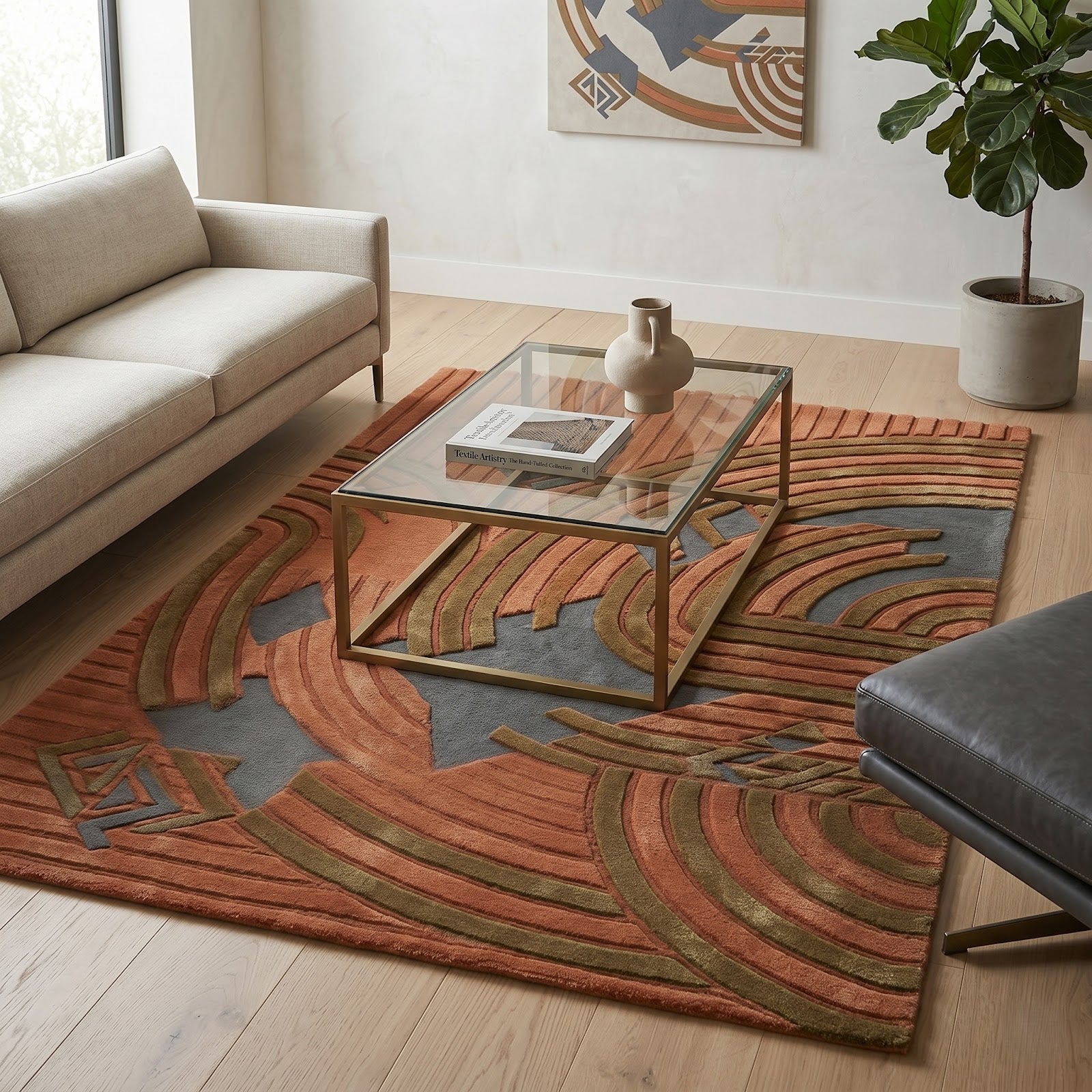 Art Deco Archways Hand Tufted Wool Rug | Terracotta & Slate Blue Geometric Area Rug — 2x3 ft'