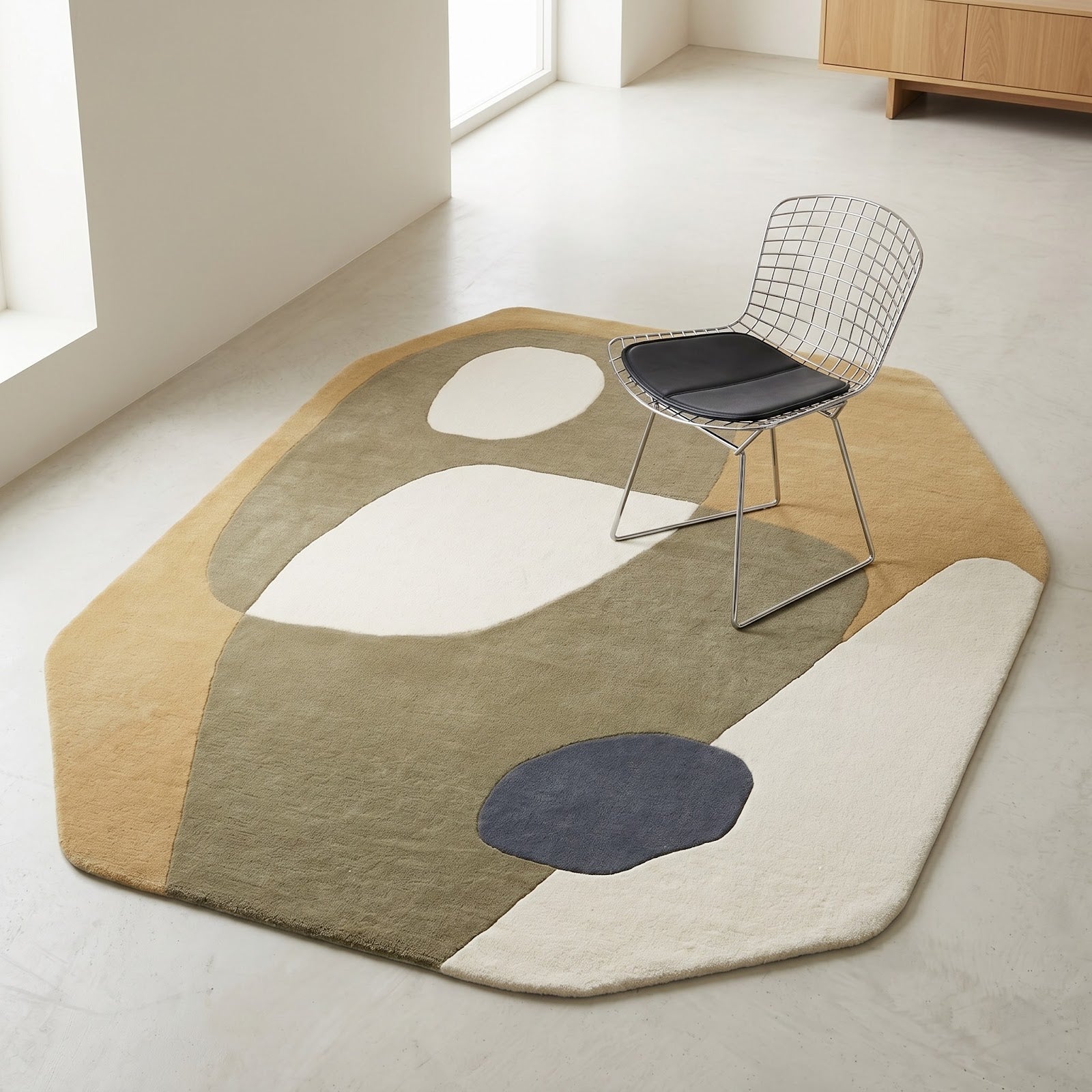 Biomorphic Abstract Hand Tufted Wool Rug | Camel, Sage Green & Ivory Organic Modern Area Rug — 2x3 ft'