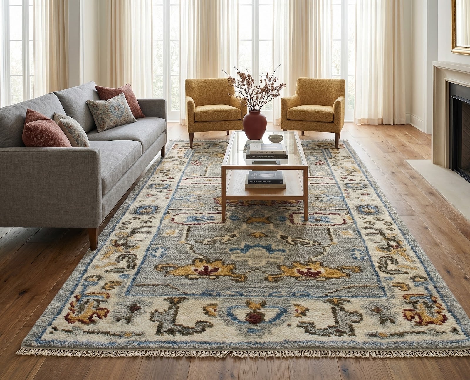 Vintage Oushak Hand Knotted New Zealand Wool Rug | Silver Grey & Ivory Floral Area Rug — 2x3 ft'