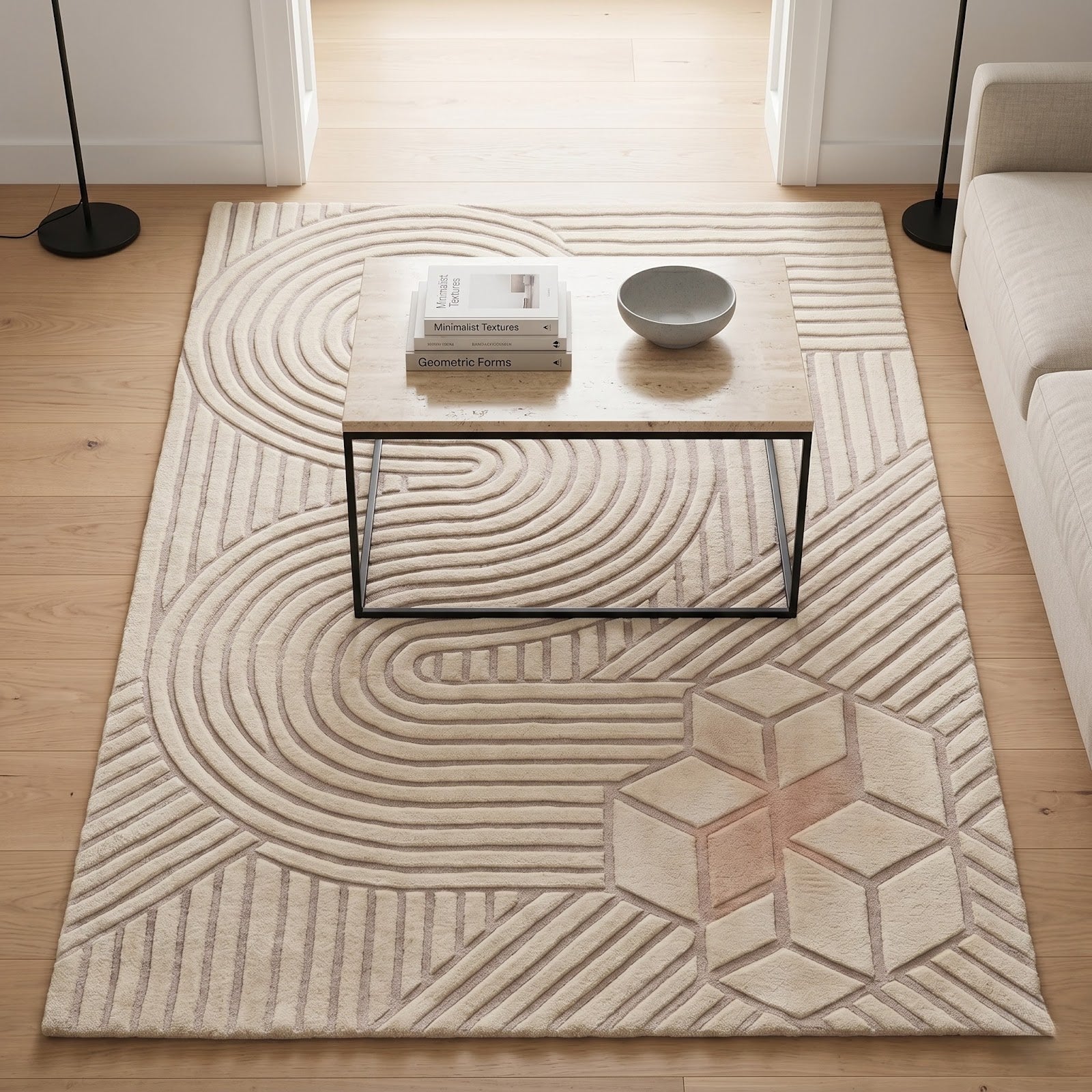 Modern Geometric Hand Tufted Wool Rug | Ivory Minimalist Abstract Line Art Area Rug — 2x3 ft'