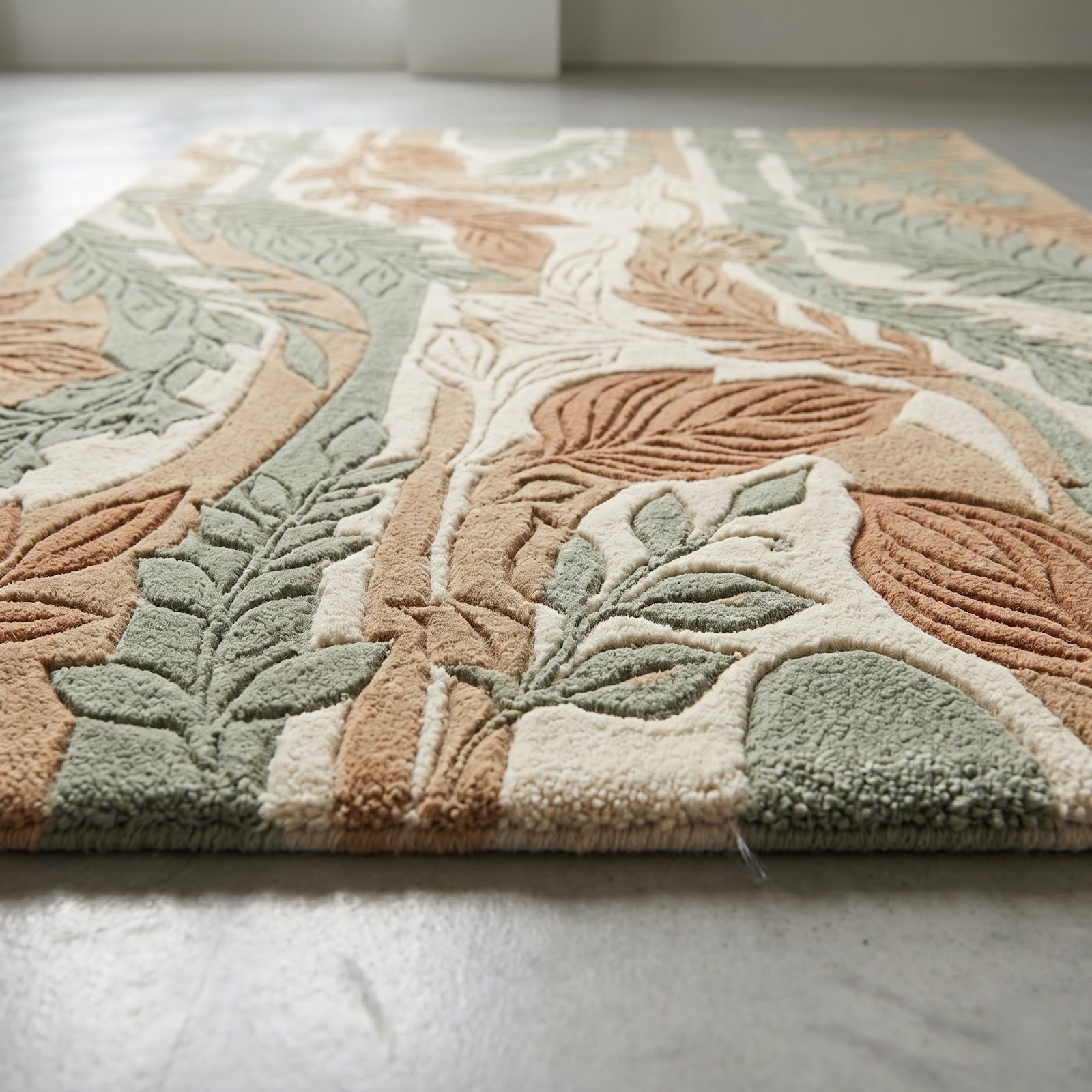 Botanical Forest Hand Tufted Wool Rug | Sage Green & Terracotta Leaf Pattern Nature Inspired Area Rug — 2x3 ft'