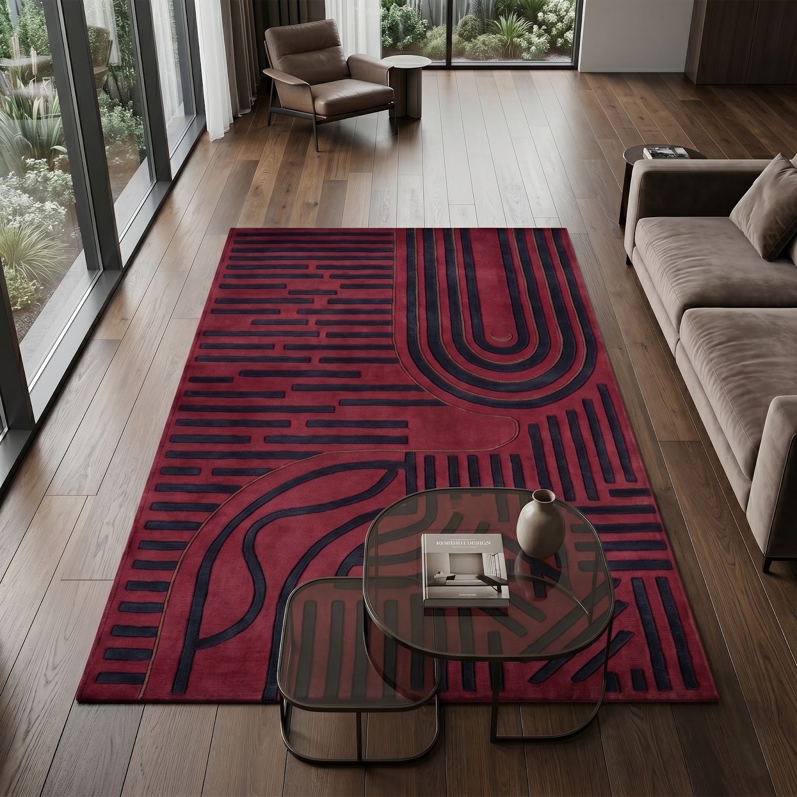 Burgundy Geometric Hand Tufted Wool Rug | Modern Art Deco Area Rug in Wine Red & Navy Blue — 2x3 ft'