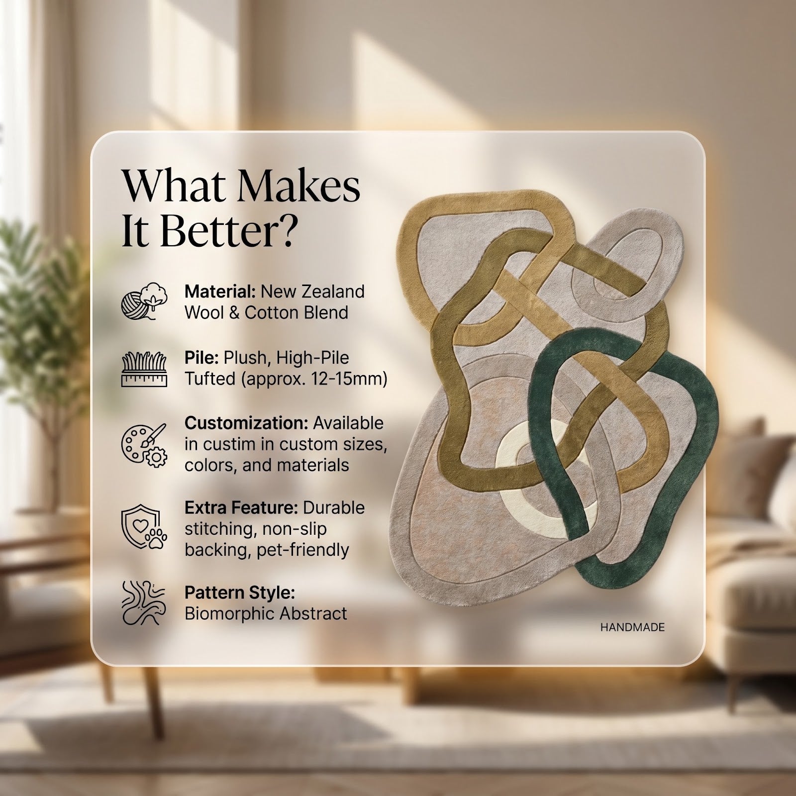 Interwoven Biomorphic Hand Tufted Wool Rug | Sage Green, Taupe & Sand Abstract Irregular Area Rug — 2x3 ft'
