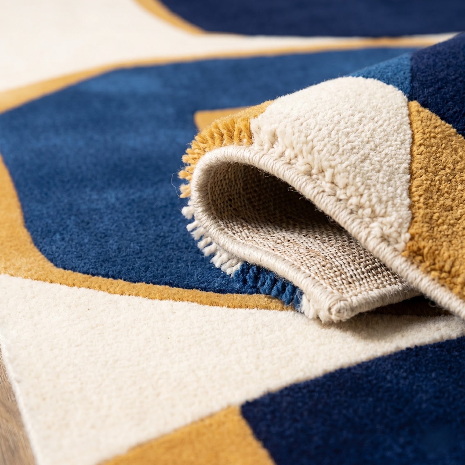 Modern Color Block Hand Tufted Wool Rug | Navy Blue, Mustard Gold & Ivory Abstract Area Rug — 2x3 ft'