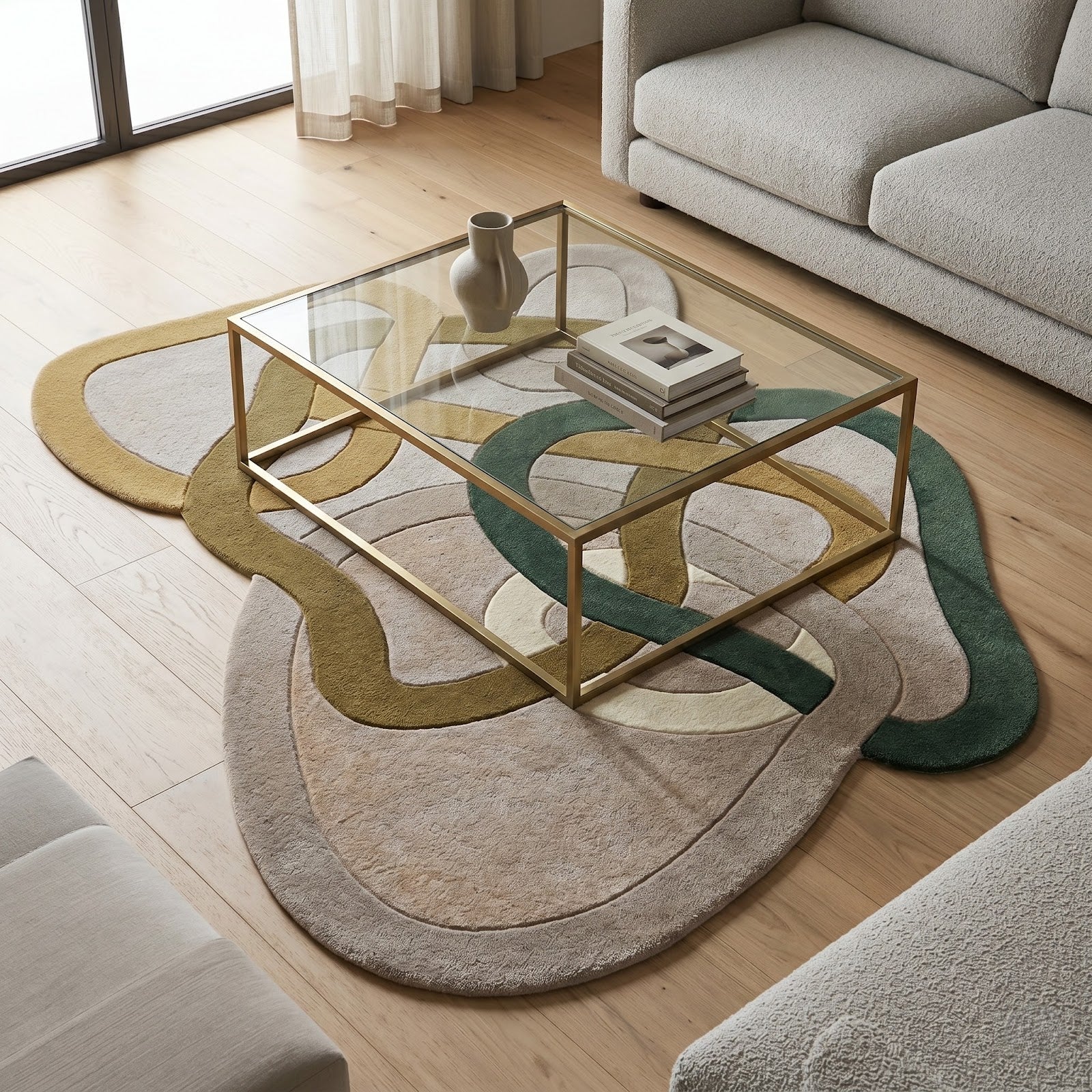 Interwoven Biomorphic Hand Tufted Wool Rug | Sage Green, Taupe & Sand Abstract Irregular Area Rug — 2x3 ft'