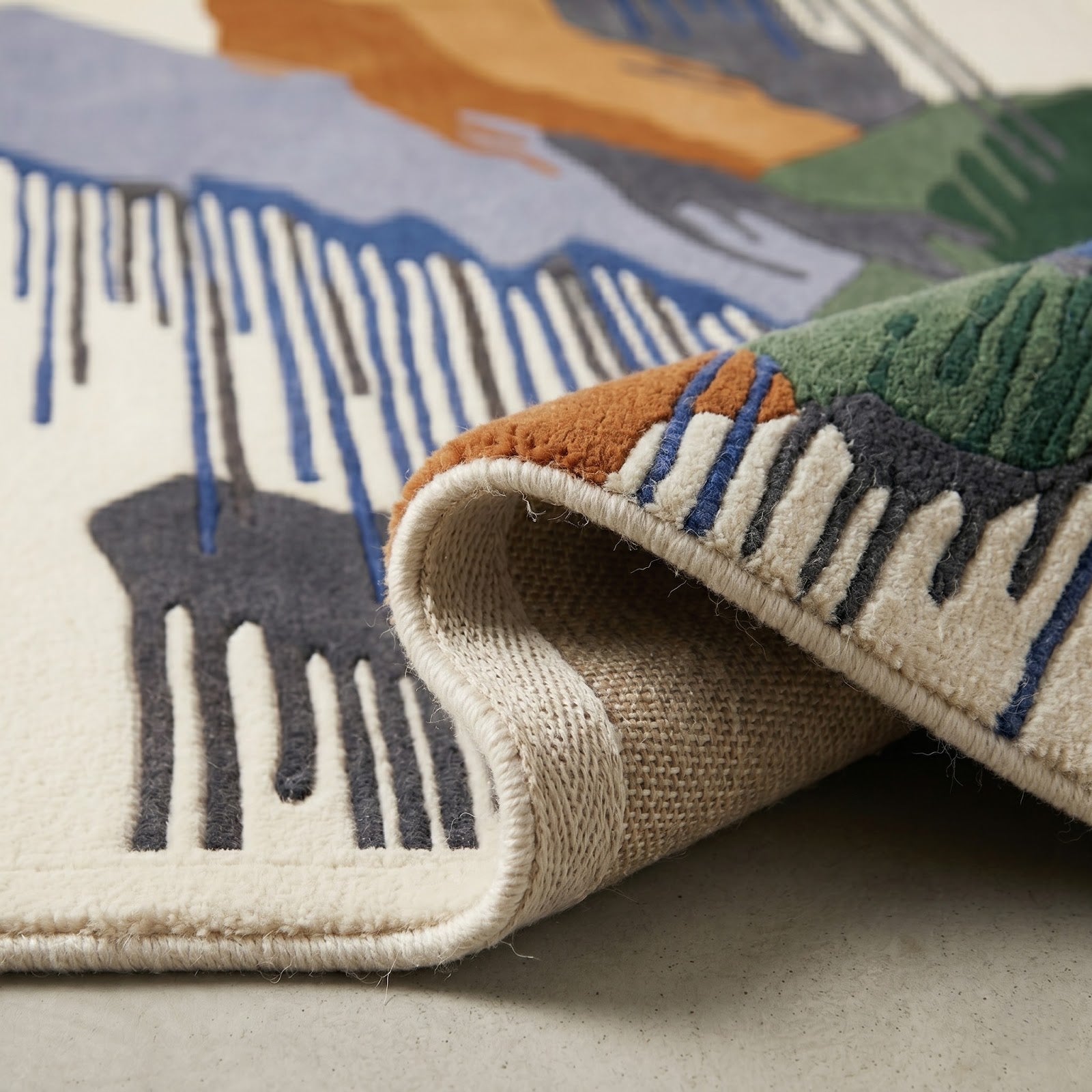 Abstract Mountain Landscape Hand Tufted Wool Rug | Modern Waterfall Art Area Rug in Blue, Green & Rust — 2x3 ft'