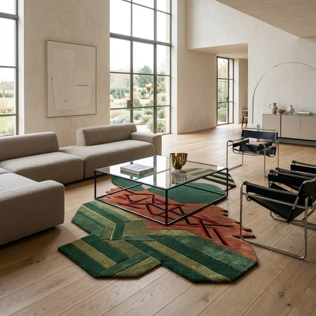 Abstract Geometric Hand Tufted Wool & Viscose Rug | Green Terracotta Modern Artistic Irregular Shape Area Rug — 2x3 ft'