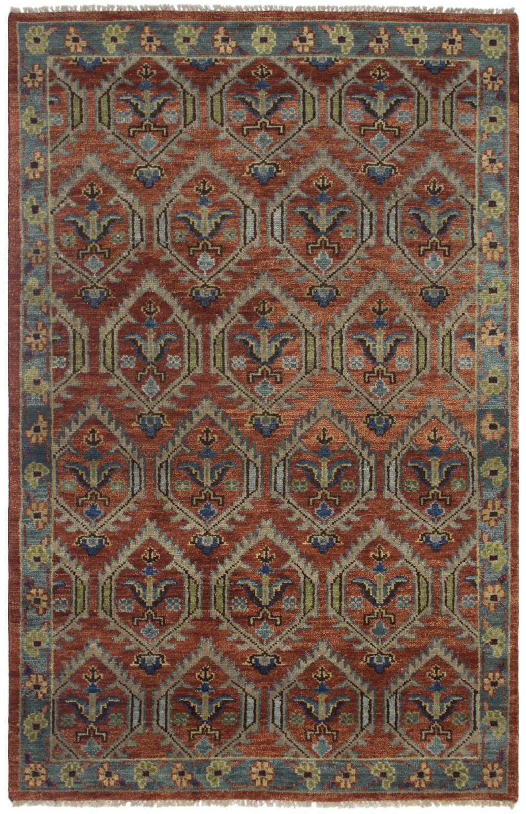 Tribal Geometric Hand Knotted New Zealand Wool Rug | Rust & Blue Diamond Pattern Area Rug — 2x3 ft'