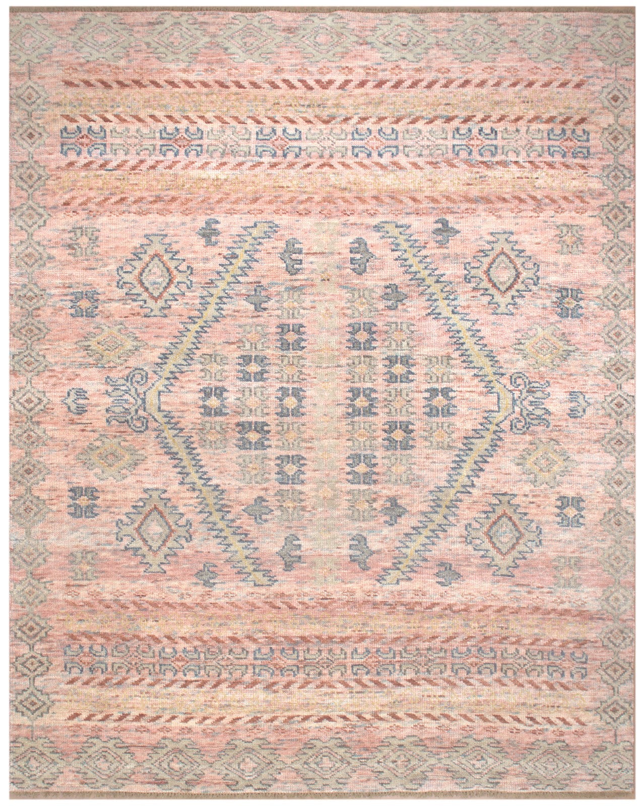 Vintage Tribal Hand Knotted New Zealand Wool Rug | Blush Pink & Sage Green Geometric Area Rug — 2x3 ft'