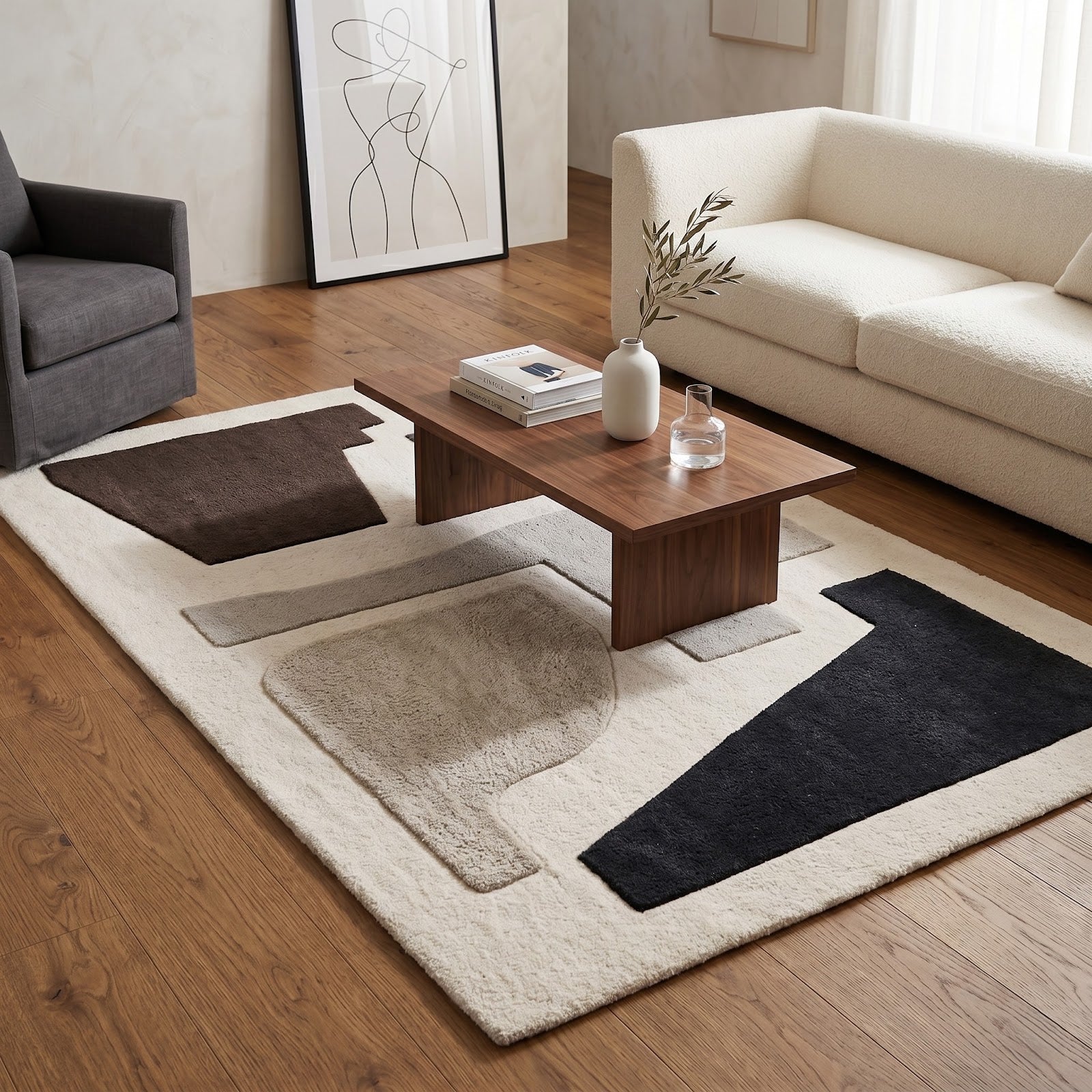 Modern Bauhaus Hand Tufted Wool Rug | Ivory, Charcoal & Taupe Geometric Abstract Area Rug — 2x3 ft'