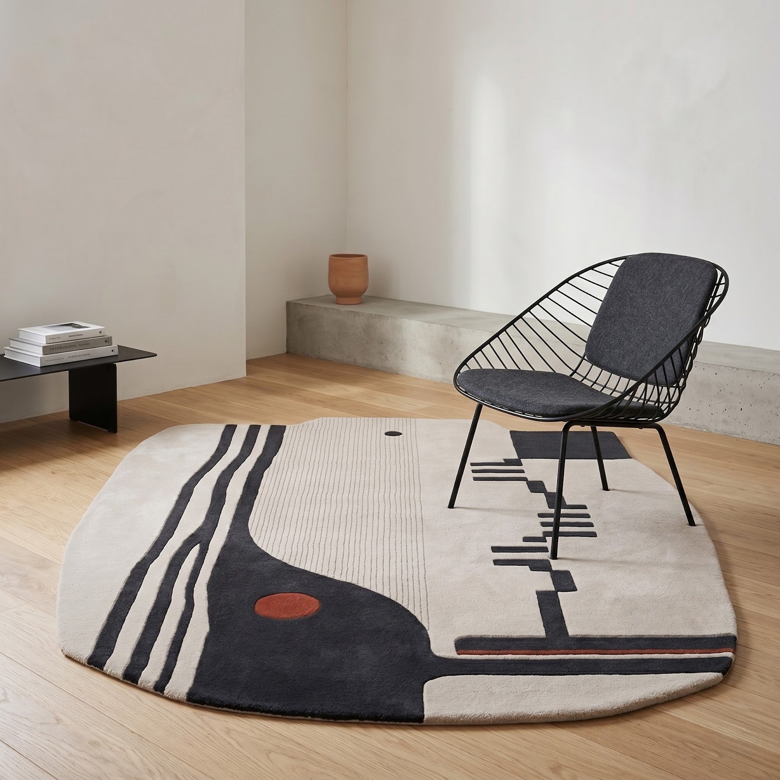 Architectural Abstract Hand Tufted Wool Rug | Ivory, Charcoal & Rust Modern Irregular Area Rug — 2x3 ft'