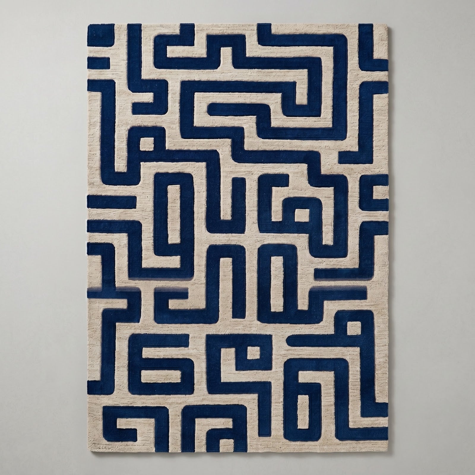 Maze Pattern Hand Tufted Wool Rug | Cobalt Blue & Ivory Geometric Labyrinth Area Rug — 2x3 ft'